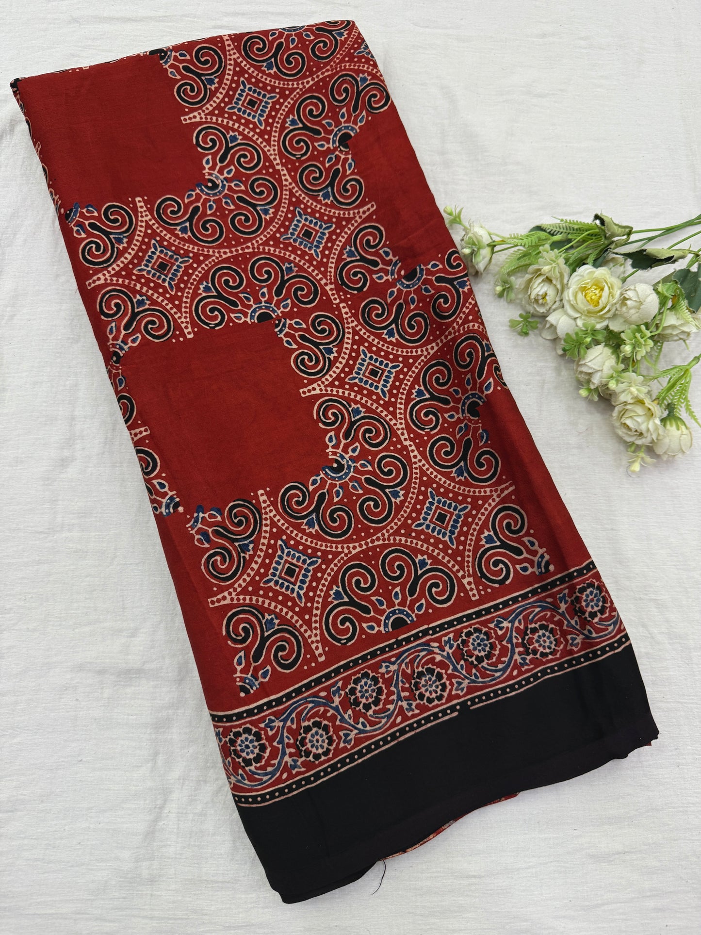 Maroon Chokdi Ajrakh Modal Silk Saree
