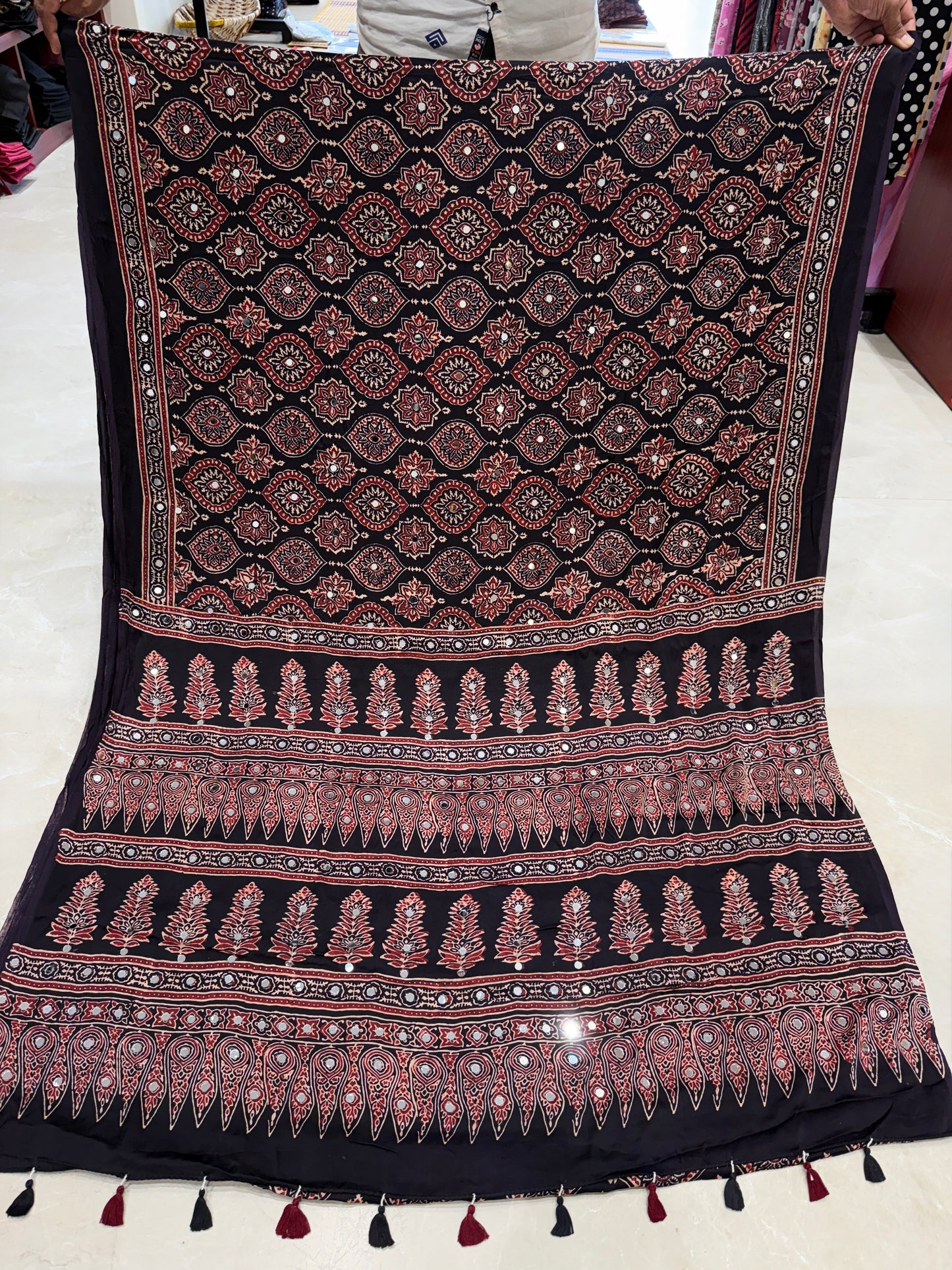 Black Badam Ajrakh Mirror Work Saree