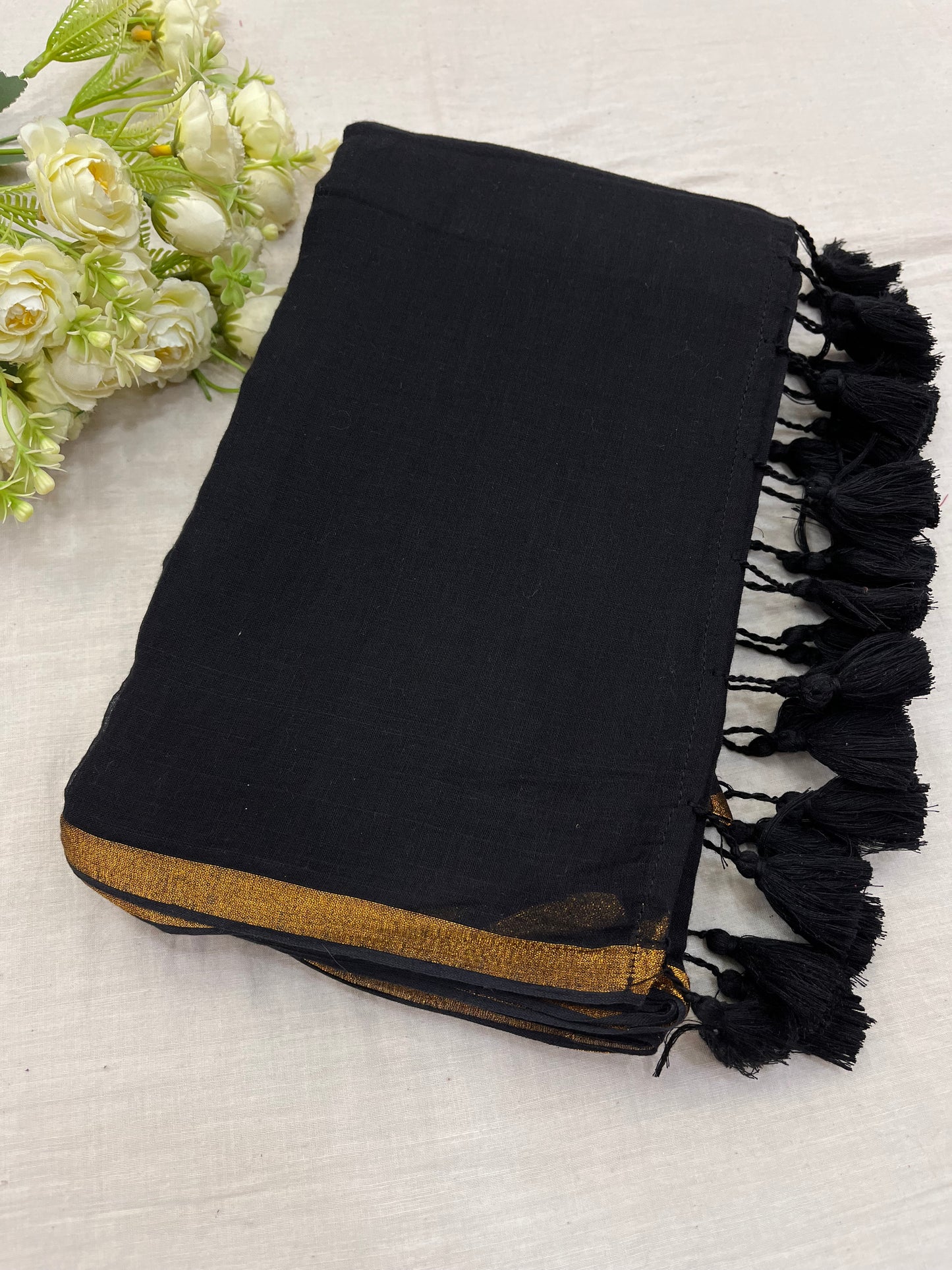 Black Copper Zari Border Mulmul Saree