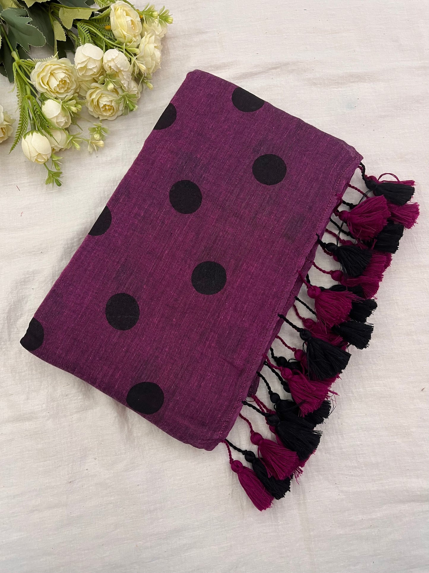 Wine Black Polka Dot Mulmul Saree