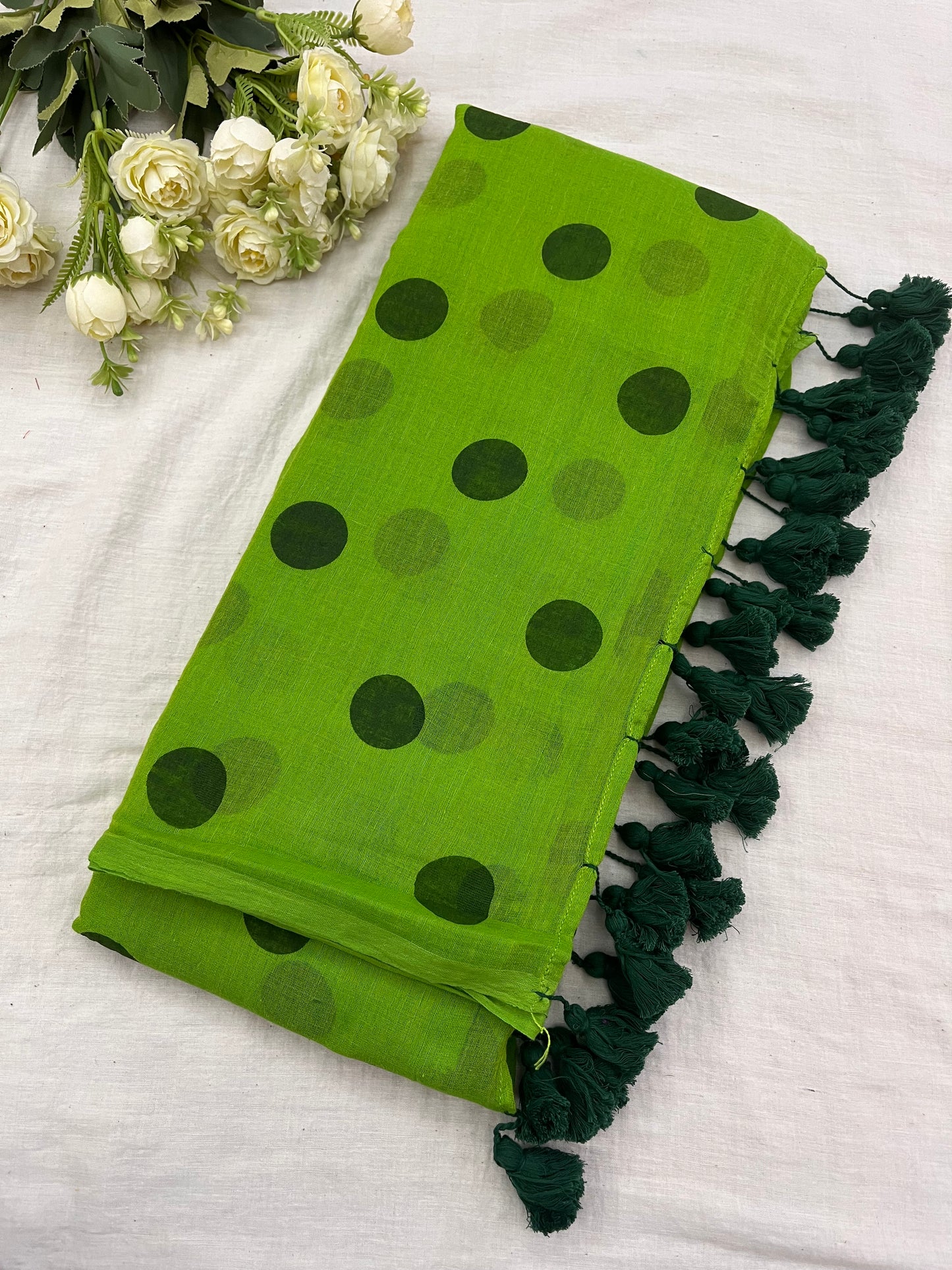 Parrot Green Polka Dot Mulmul Saree