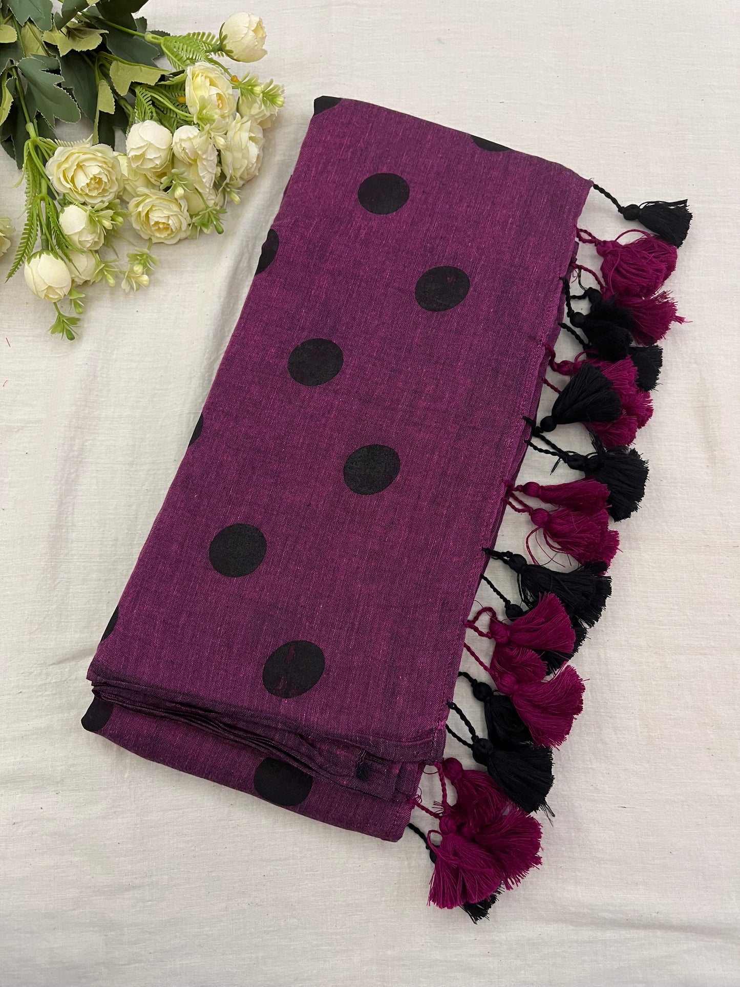 Wine Black Polka Dot Mulmul Saree