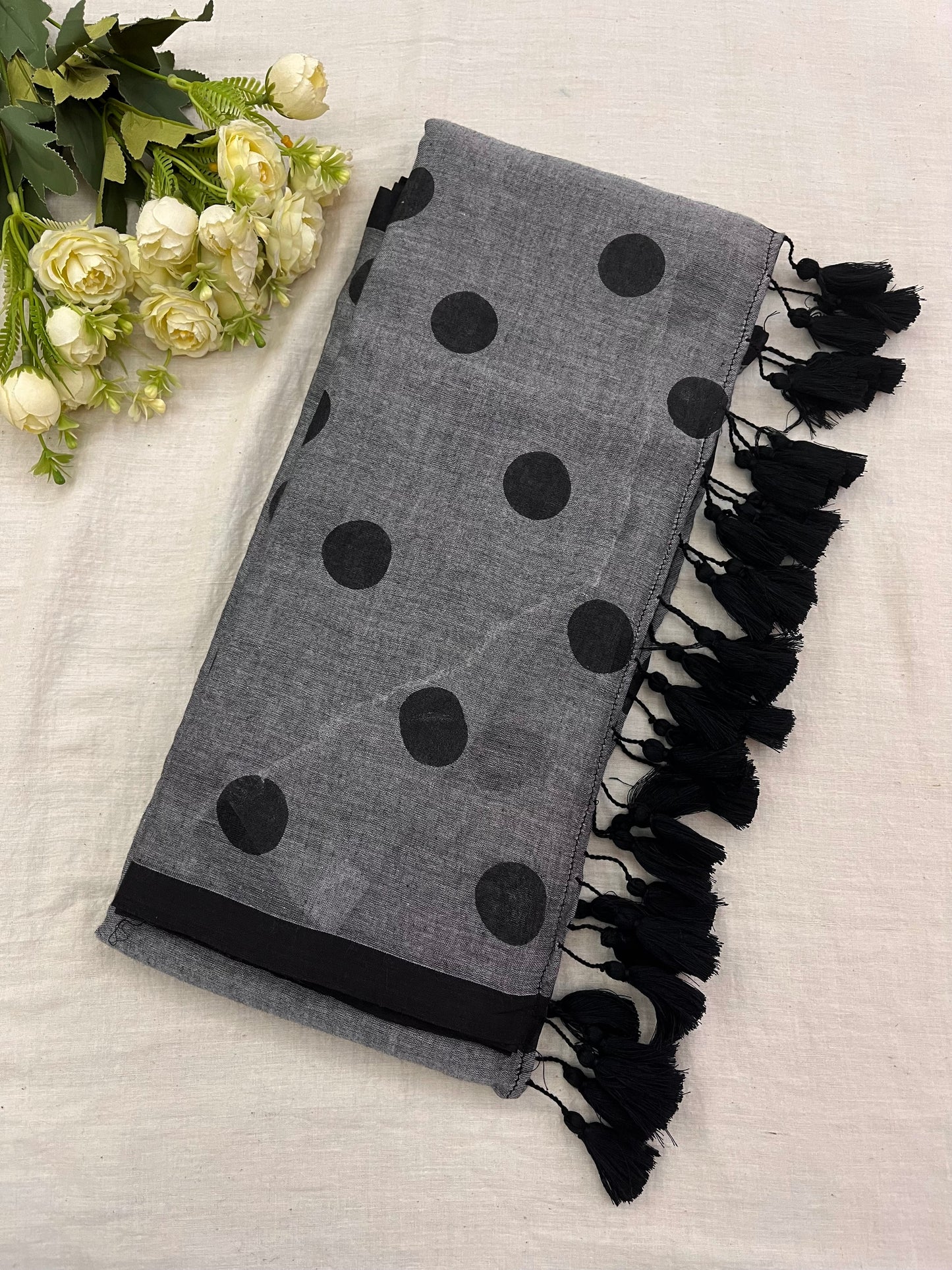 Grey Black Polka Dot Mulmul Saree