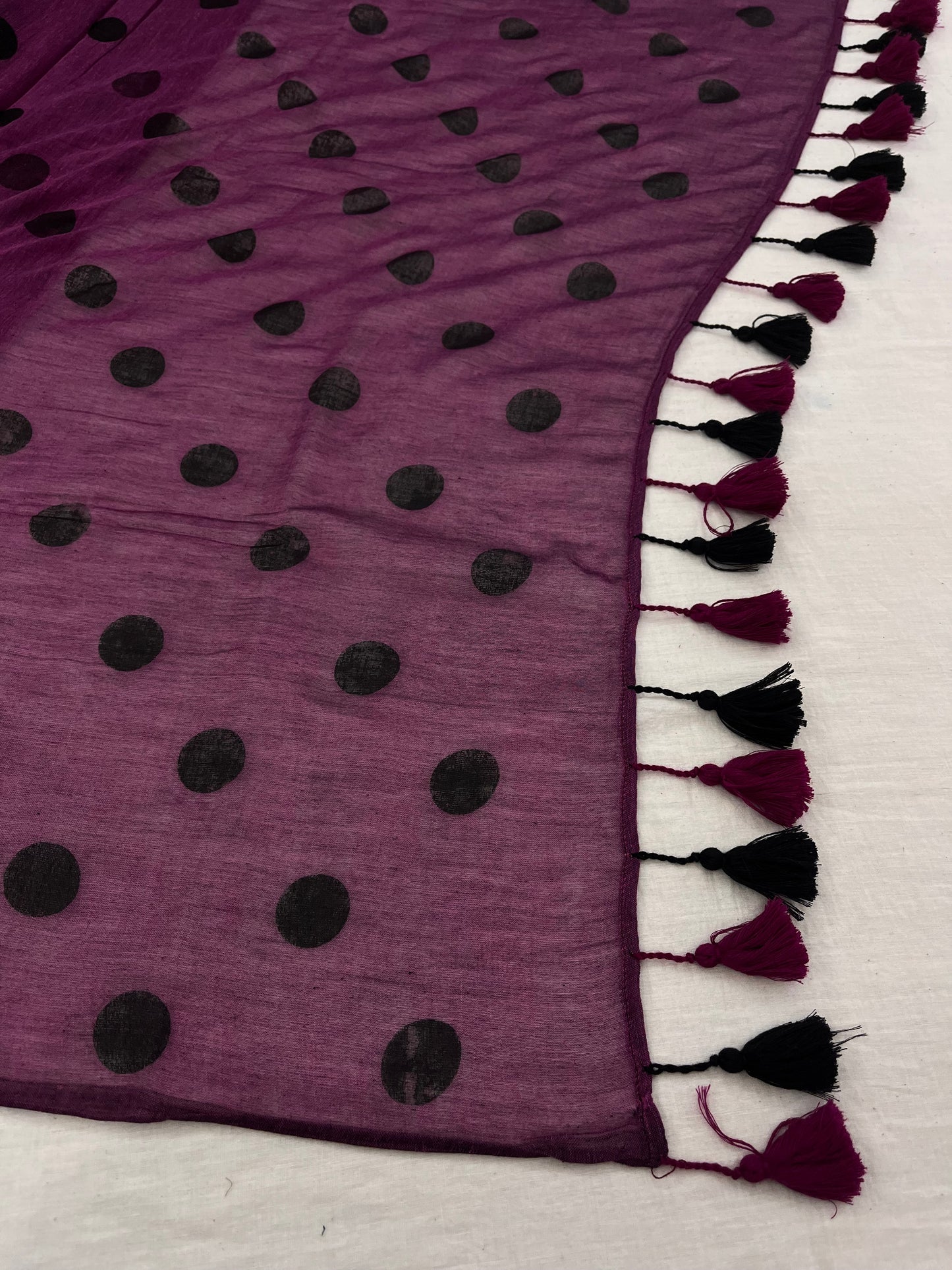 Wine Black Polka Dot Mulmul Saree