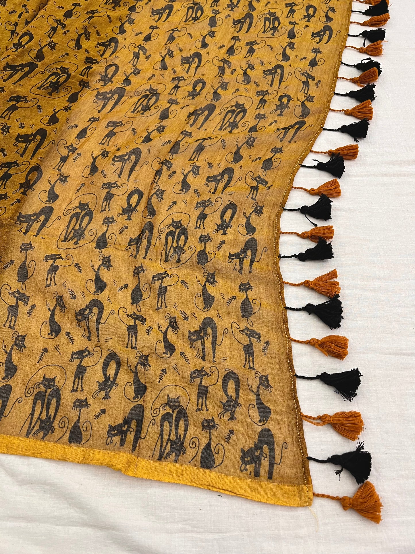 Mustard Cat Print Mulmul Saree