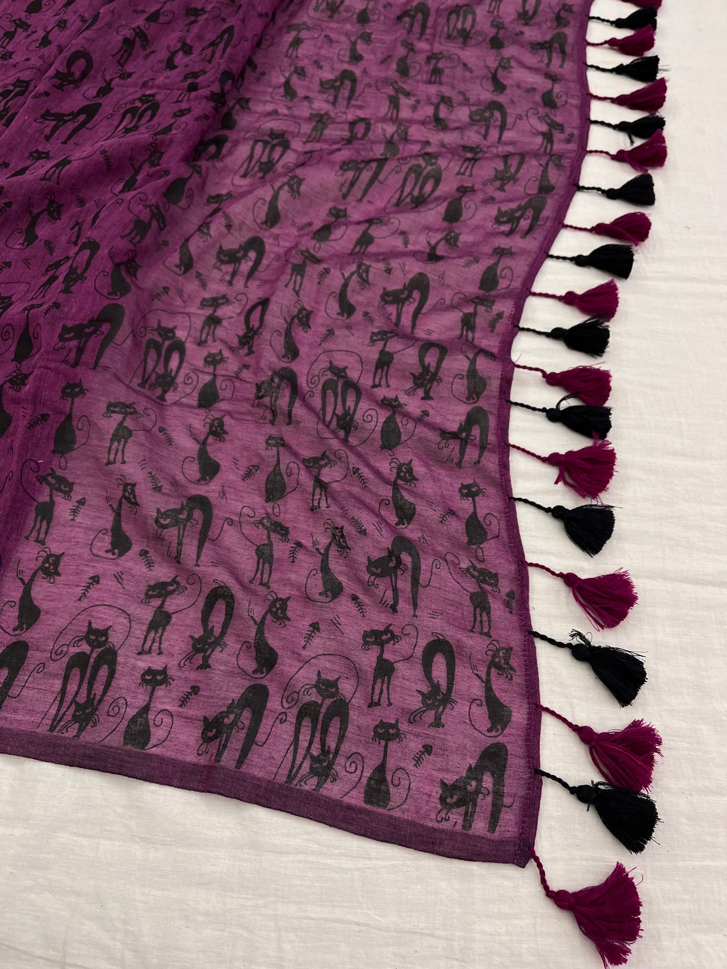 Purple Wine Cat Print Mulmul Saree