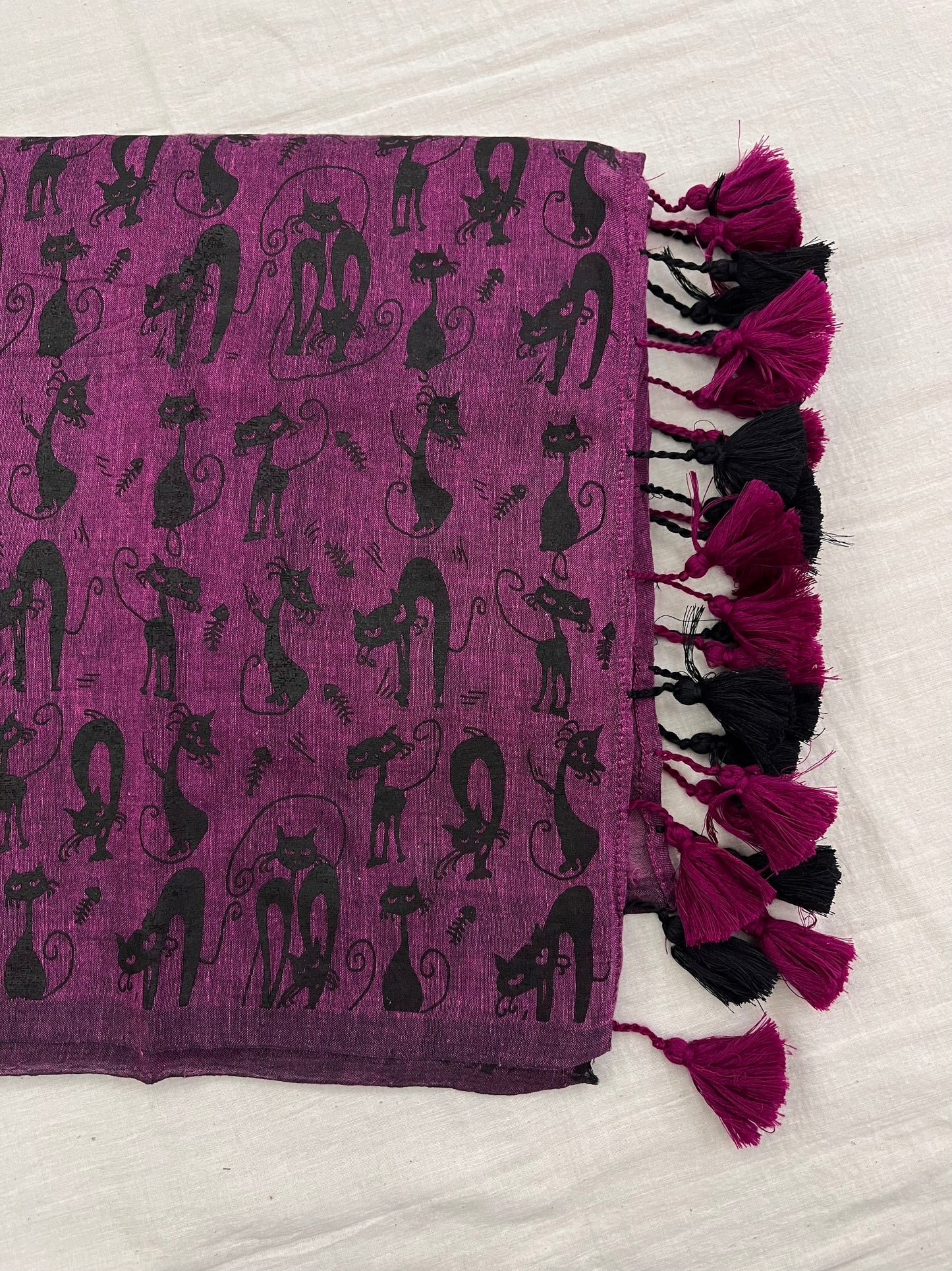 Purple Wine Cat Print Mulmul Saree