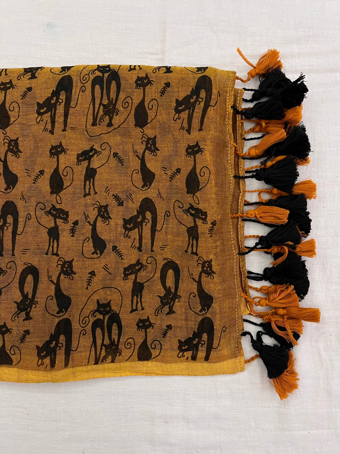 Mustard Cat Print Mulmul Saree