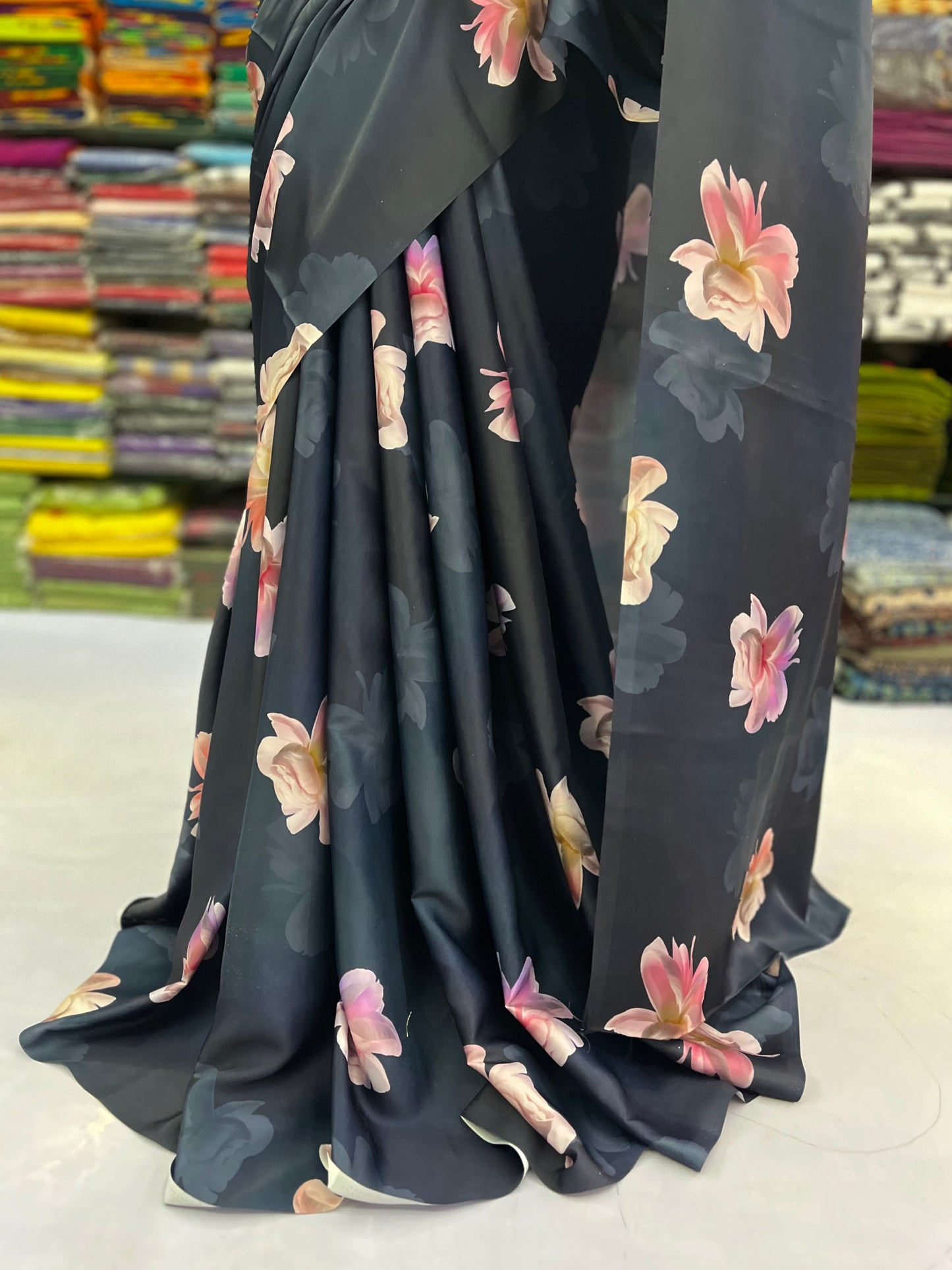 Blue Black Floral Satin Saree