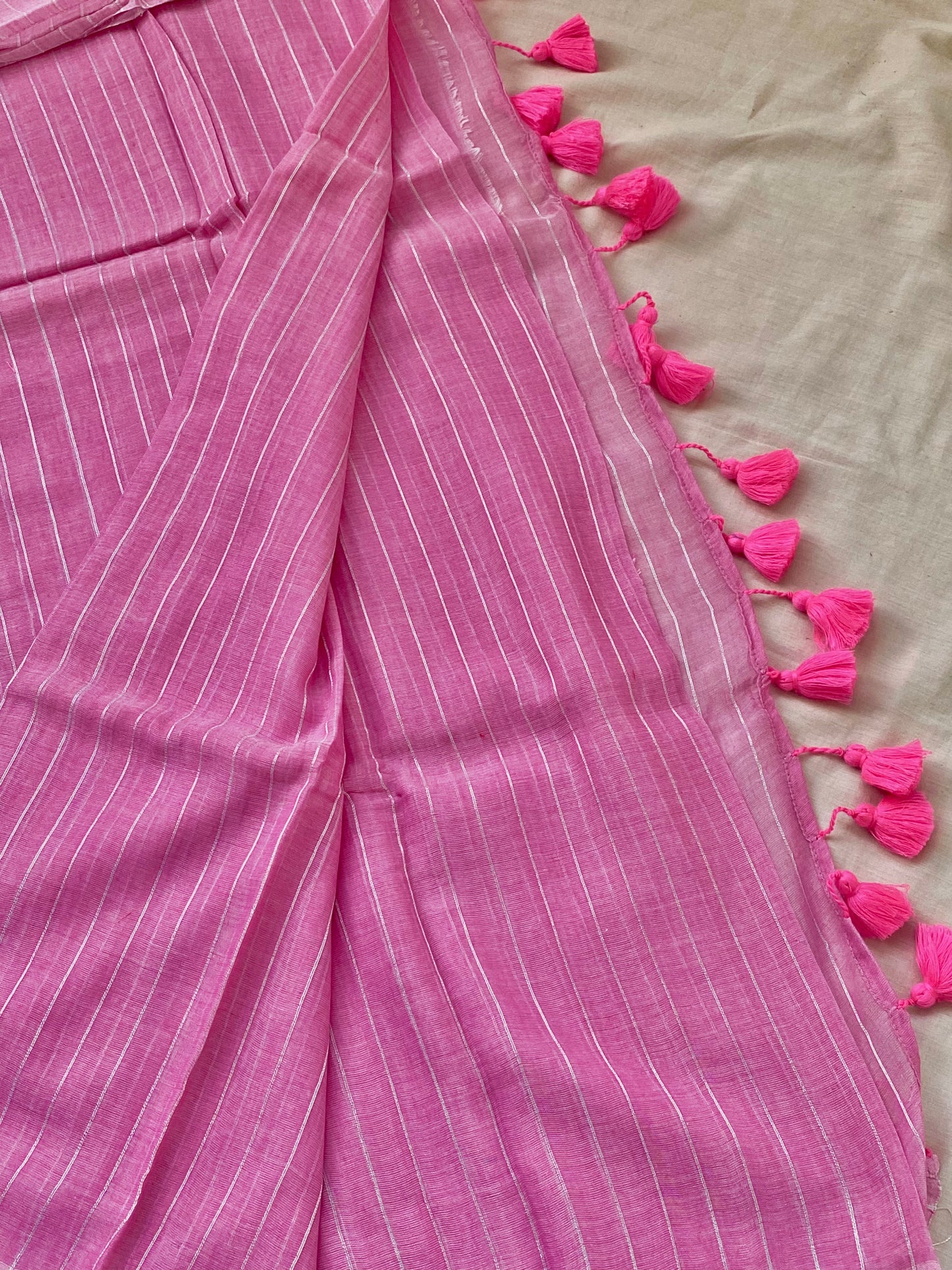 Pink Zari Lines Mulmul Saree