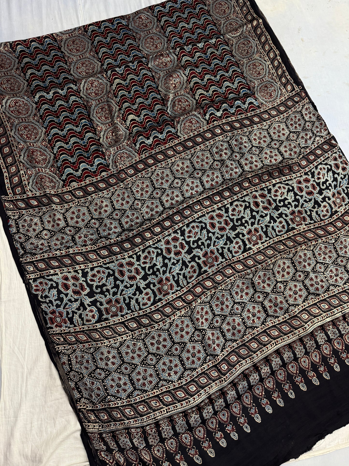 Leheriya Baithak Ajrakh Print Modal Silk Saree