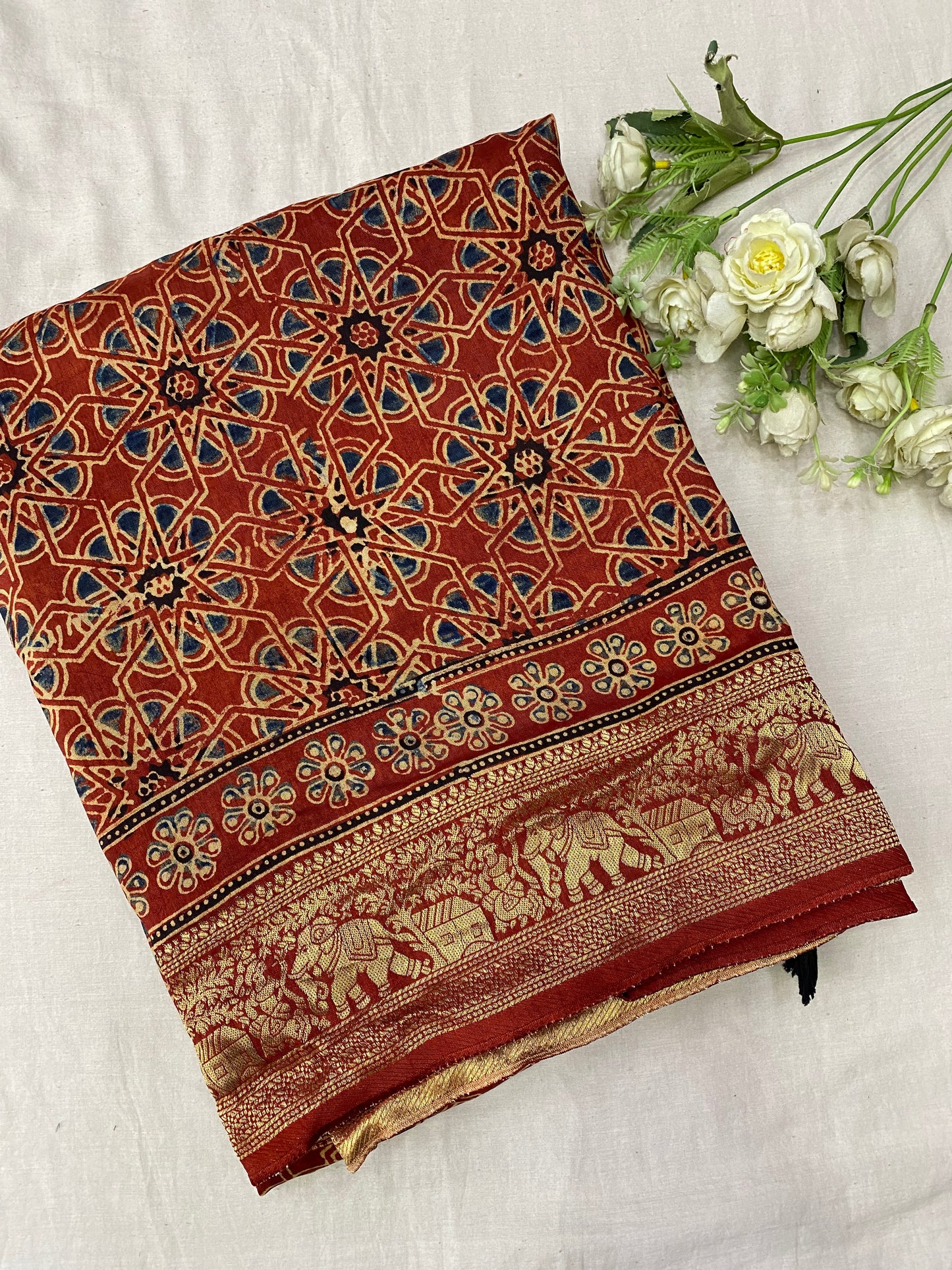 Ajrakh Dola Silk Saree 19