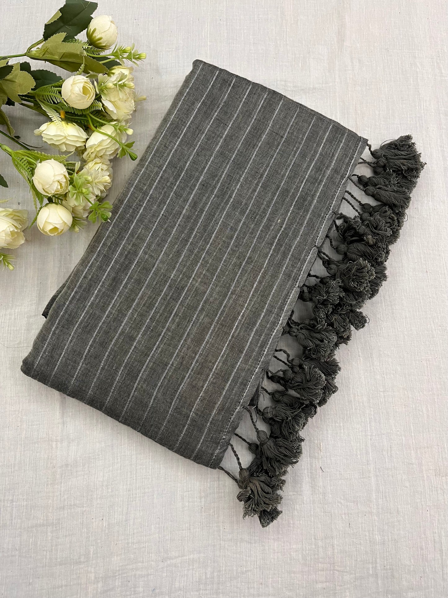 Stone Grey Zari Lines Mulmul Saree