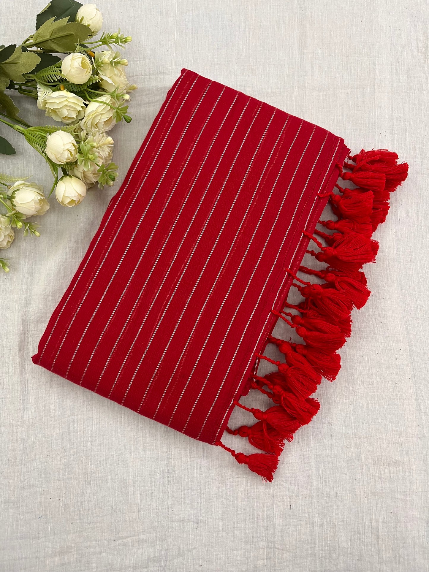 Red Zari Lines Mulmul Saree