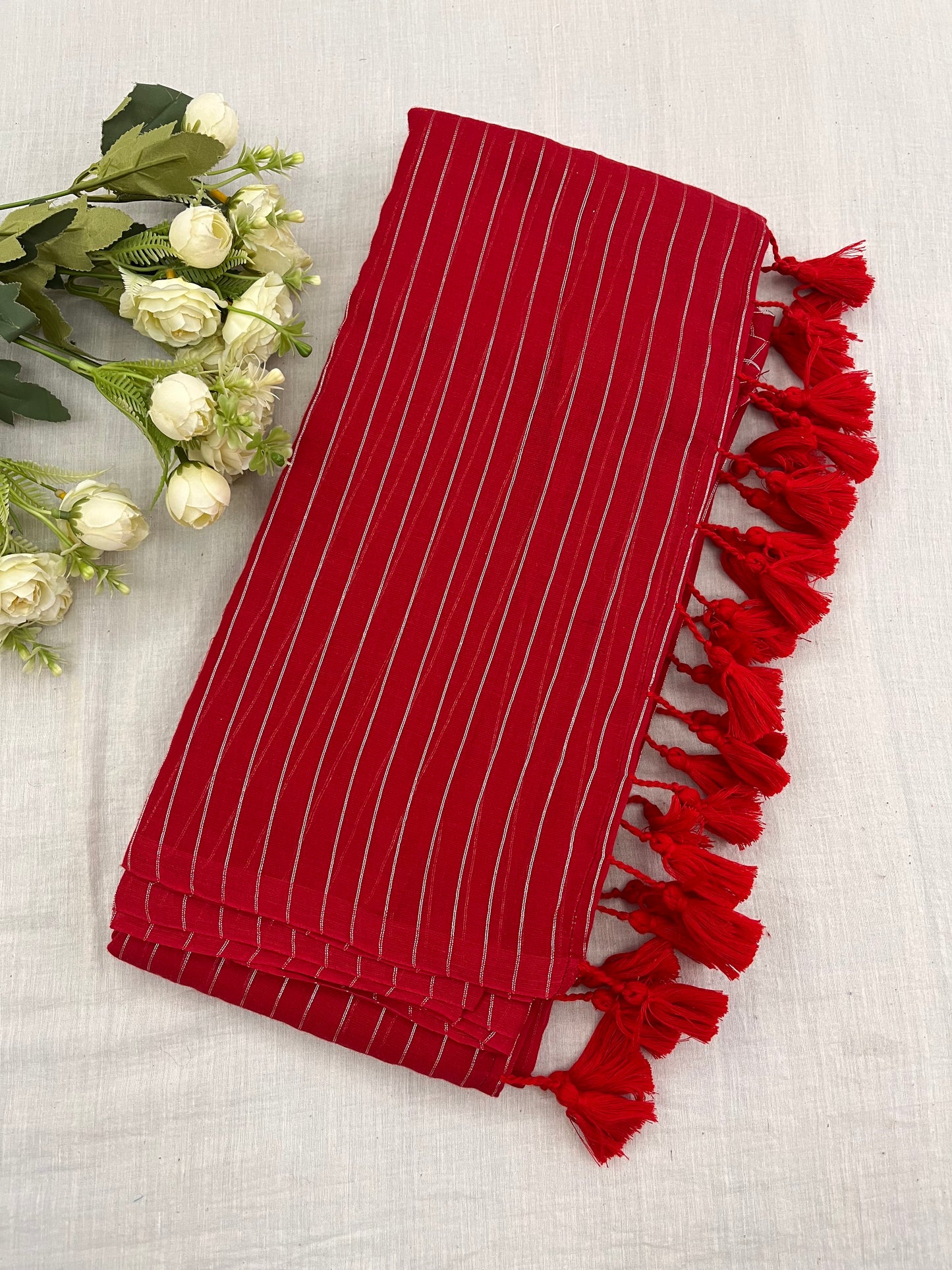 Red Zari Lines Mulmul Saree