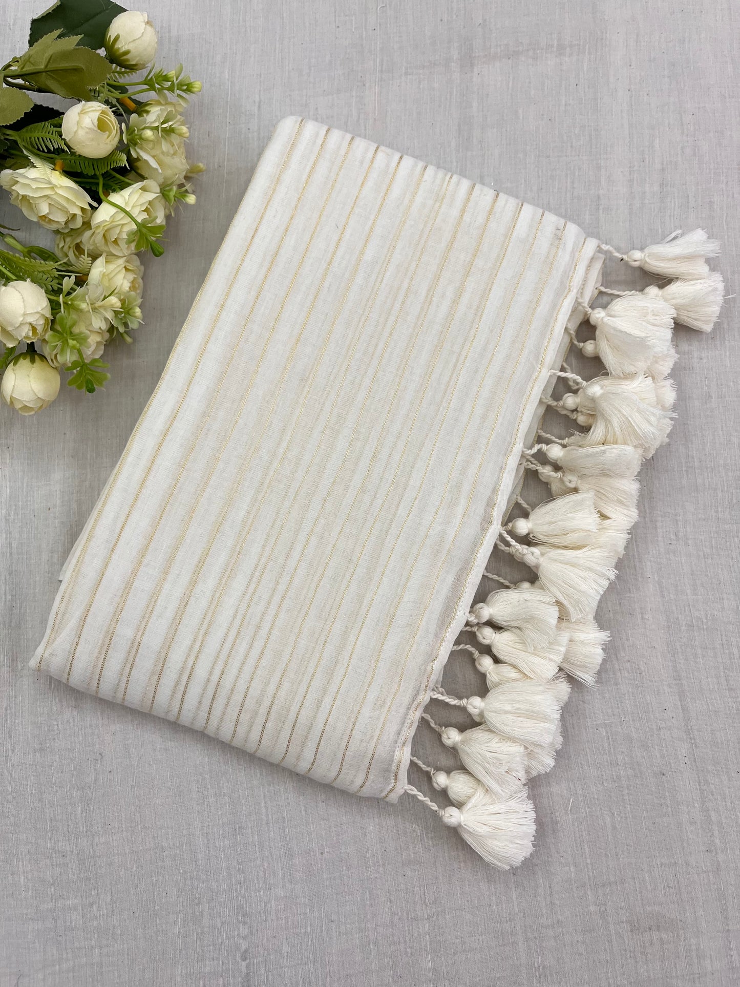 White Gold Zari Lines Mulmul Saree