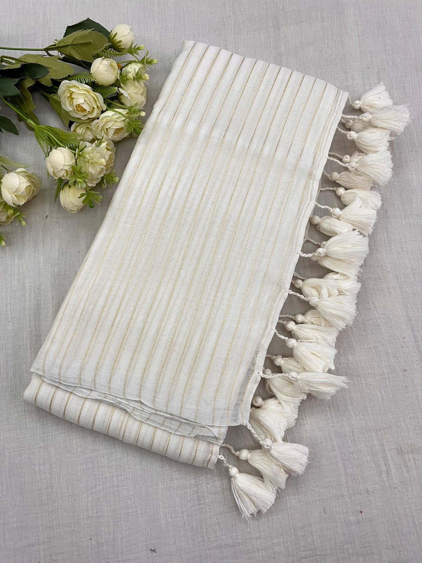 White Gold Zari Lines Mulmul Saree