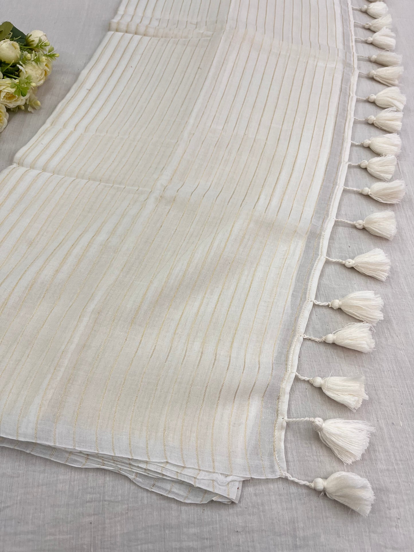 White Gold Zari Lines Mulmul Saree