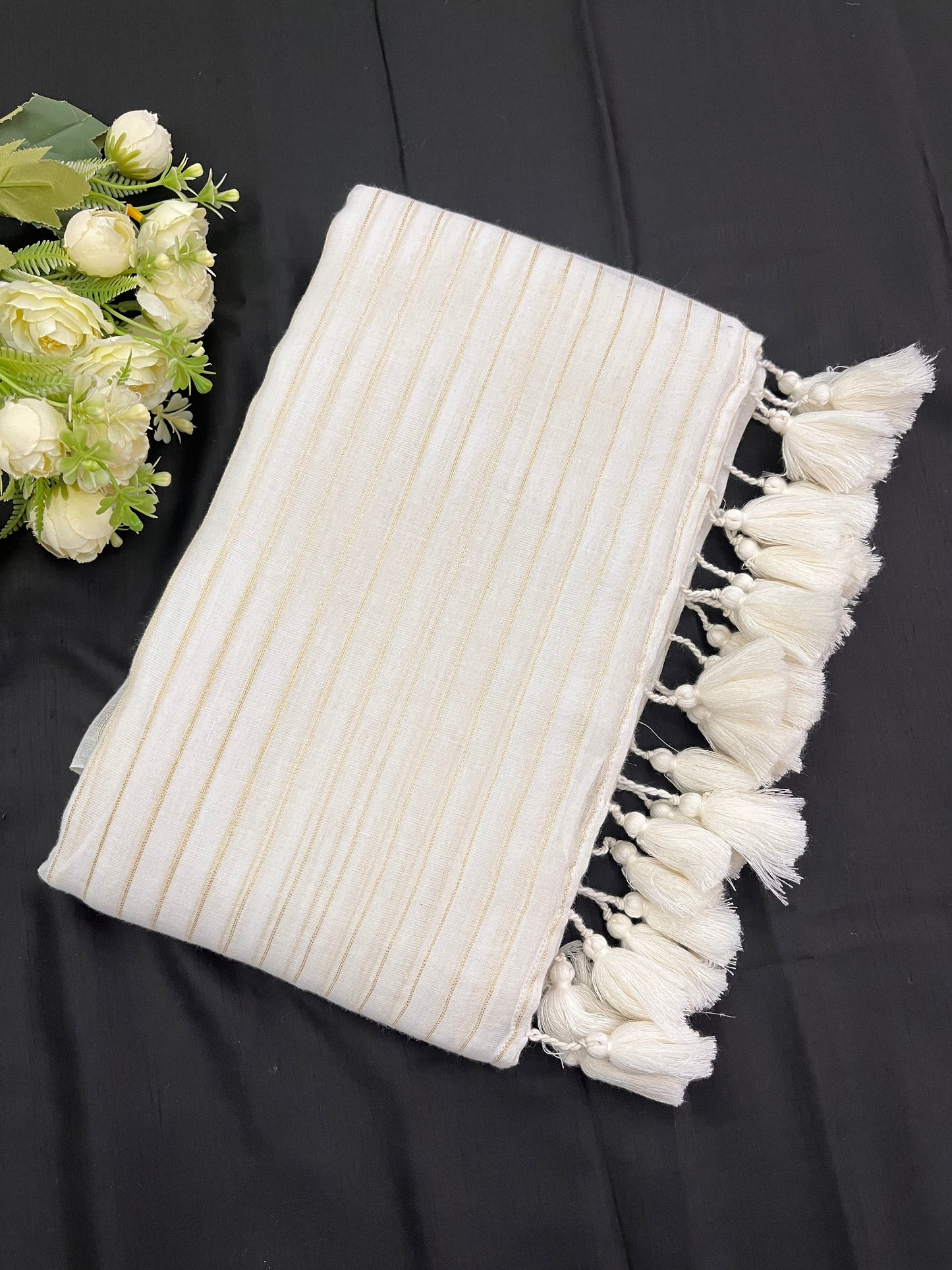 White Gold Zari Lines Mulmul Saree