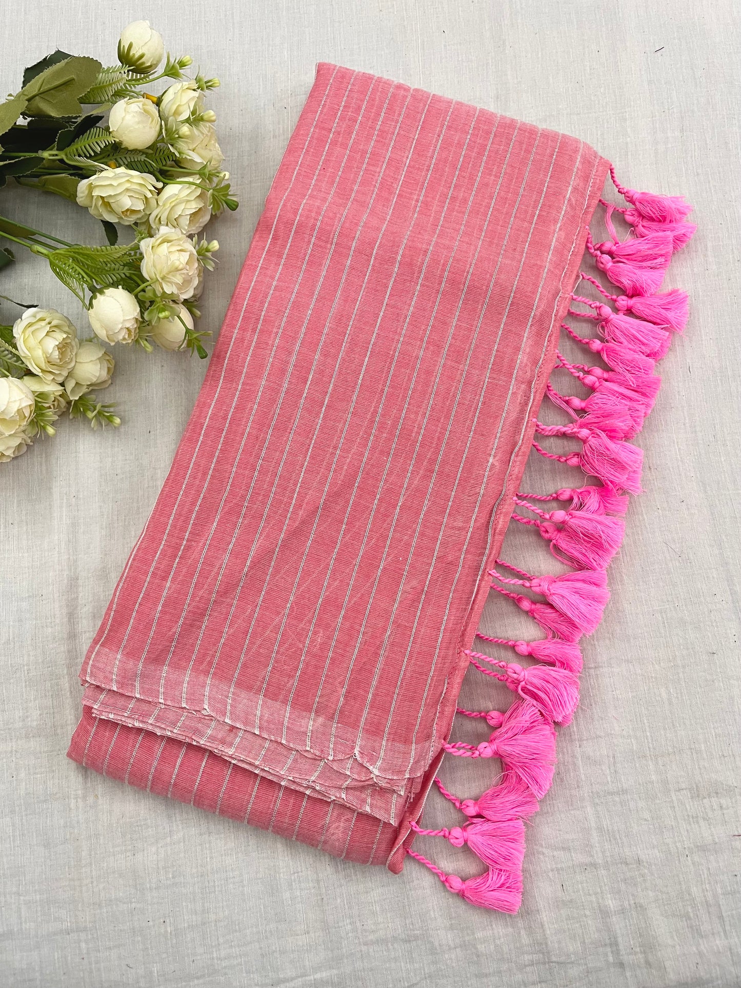 Pink Zari Lines Mulmul Saree