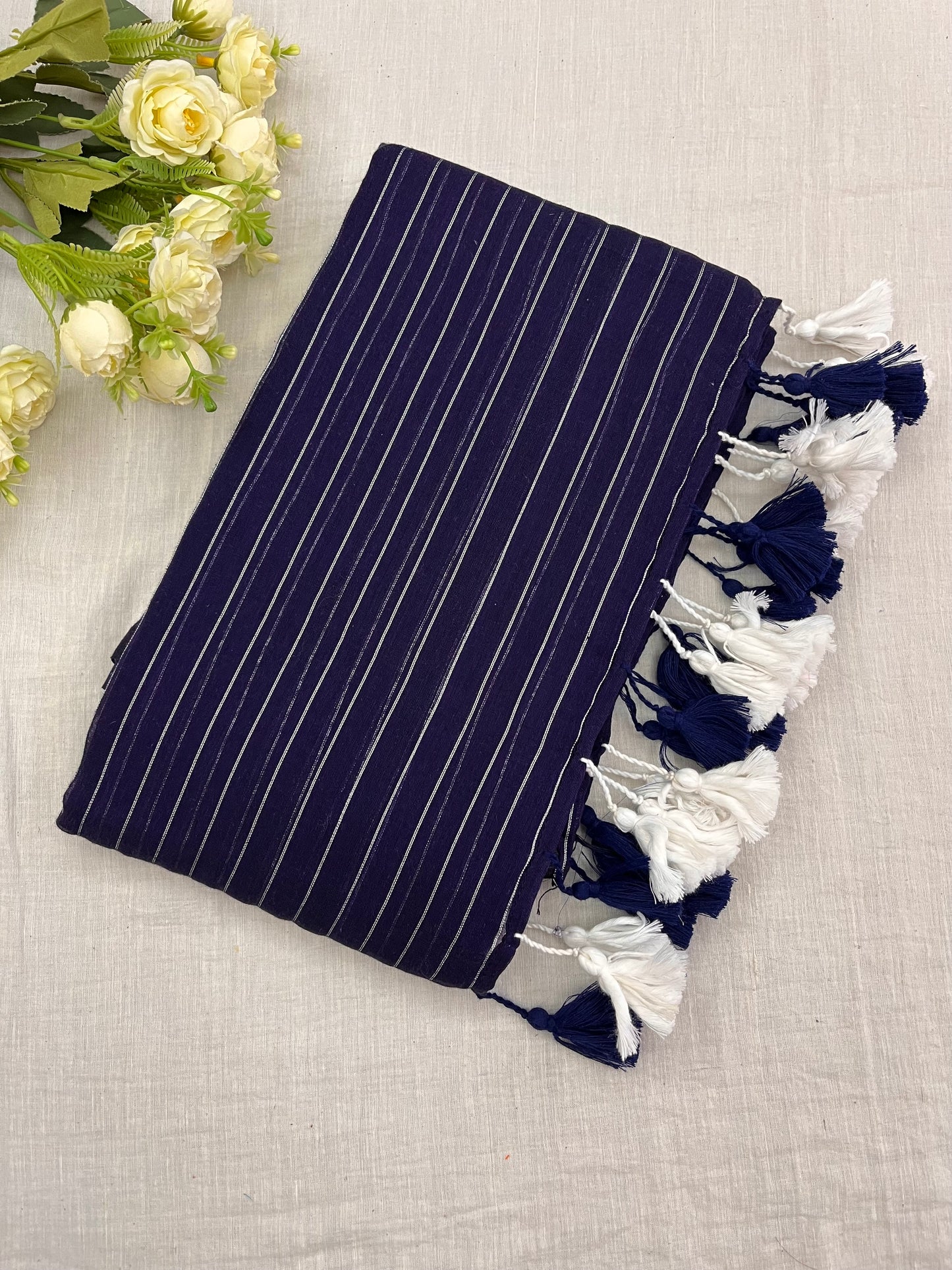 Navy Blue Zari Lines Mulmul Saree