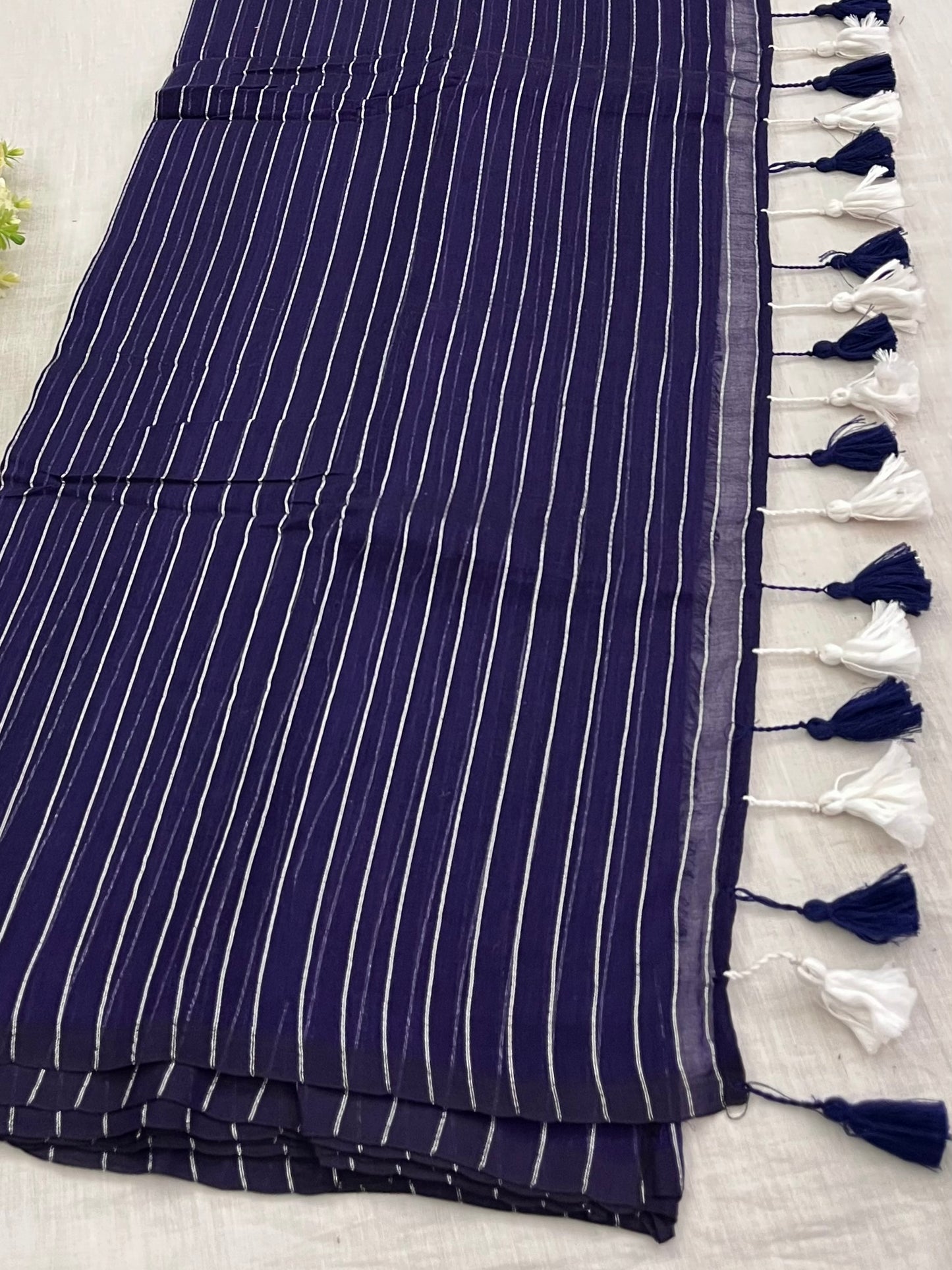 Navy Blue Zari Lines Mulmul Saree