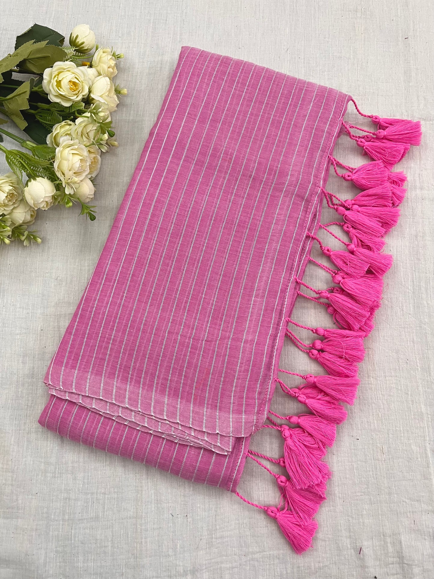 Candy Pink Zari Lines Mulmul Saree