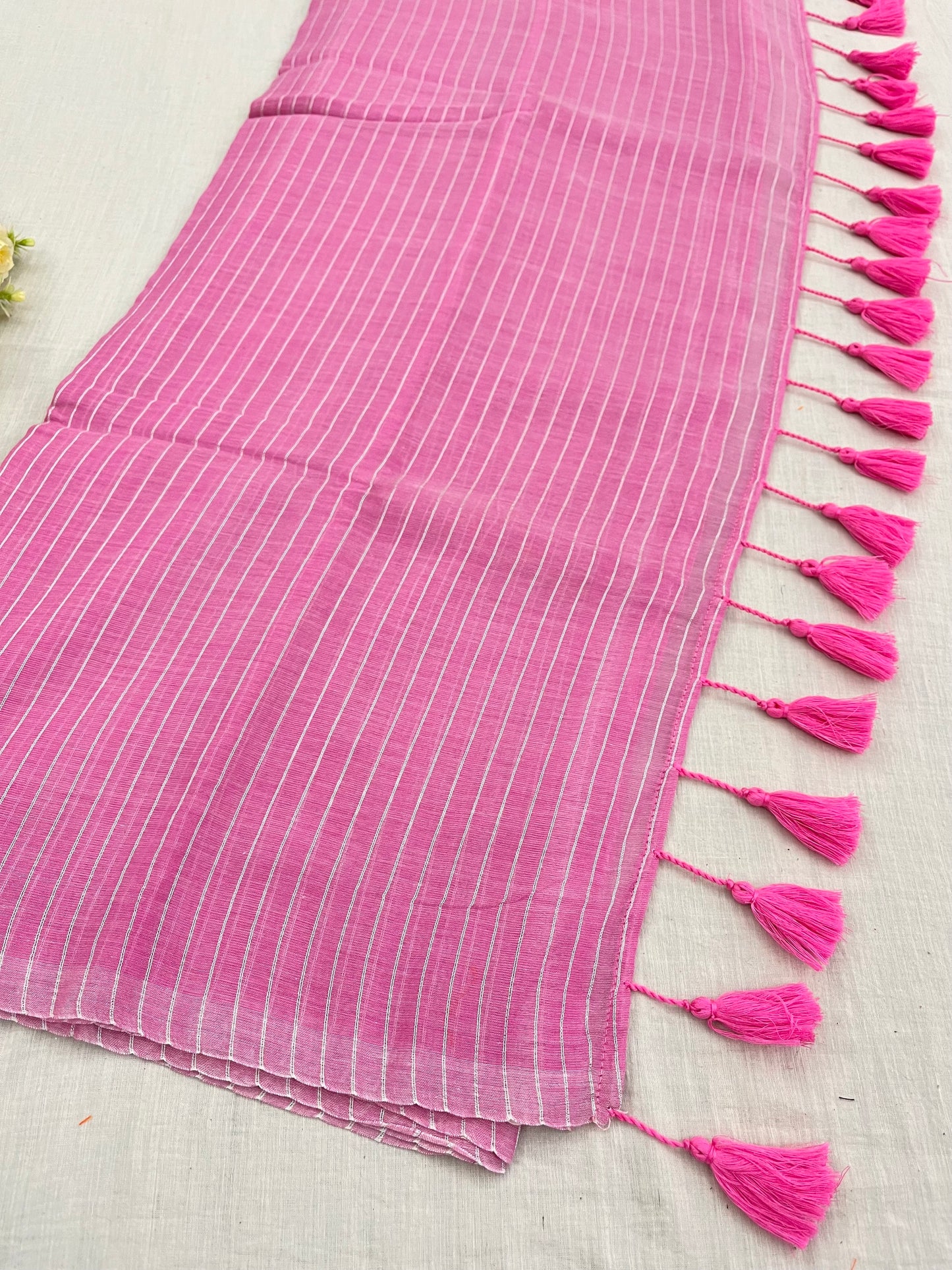 Candy Pink Zari Lines Mulmul Saree