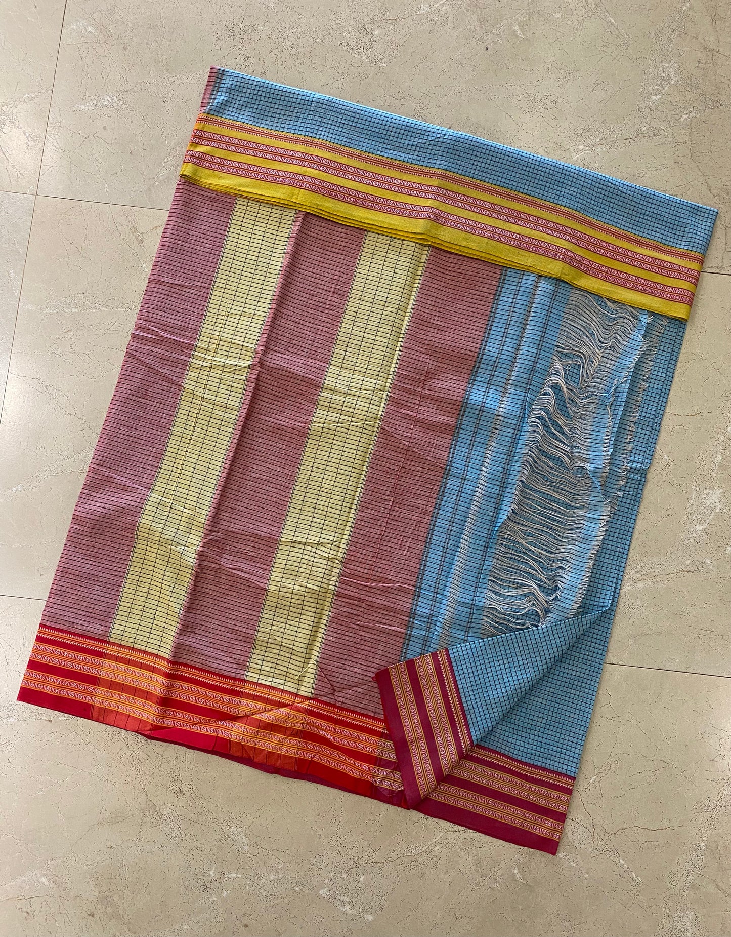 Sky Blue Yellow Red Gadi Dadi Border Patteda Anchu Saree