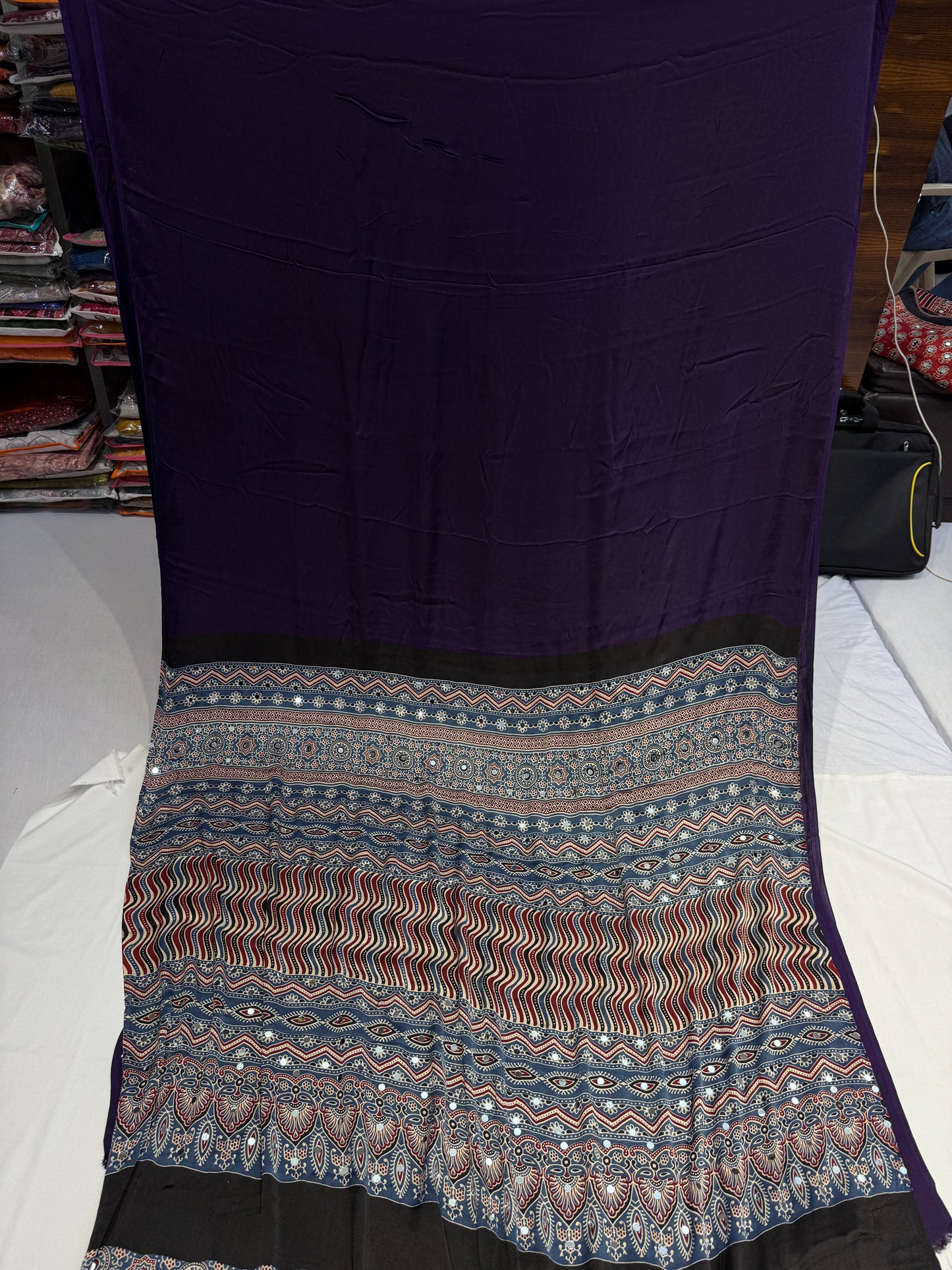 Ajrakh Plain Glued Mirror Work Saree 04
