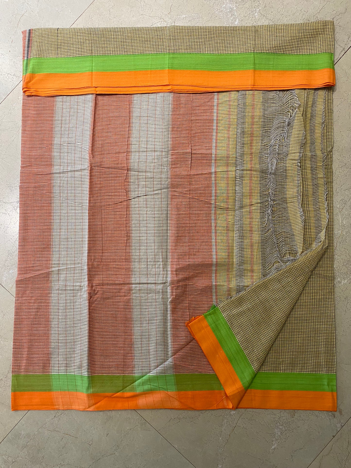 Lemon Yellow Patteda Anchu Saree With Orange Green Border