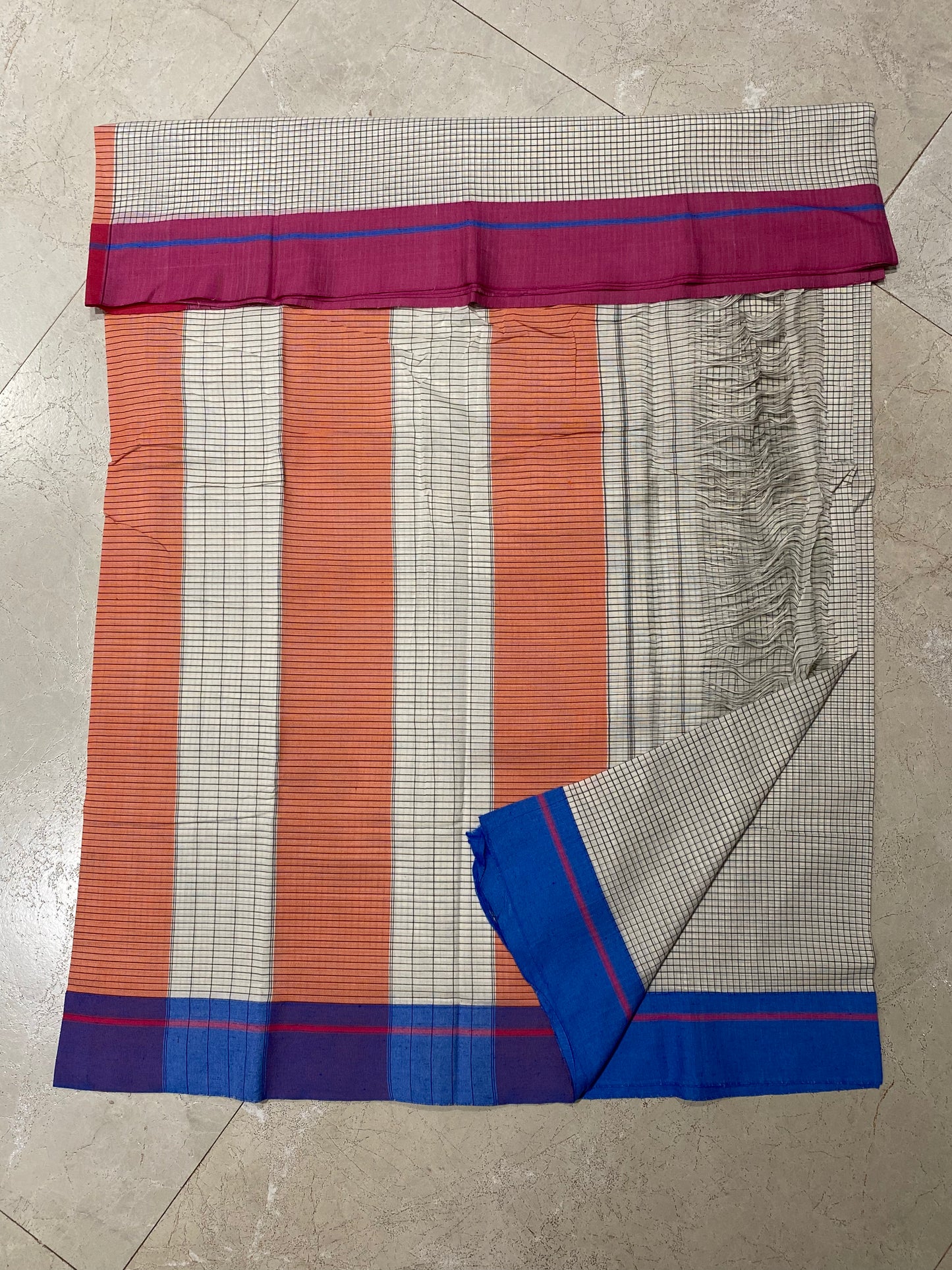 White Patteda Anchu Saree With Blue Pink saree