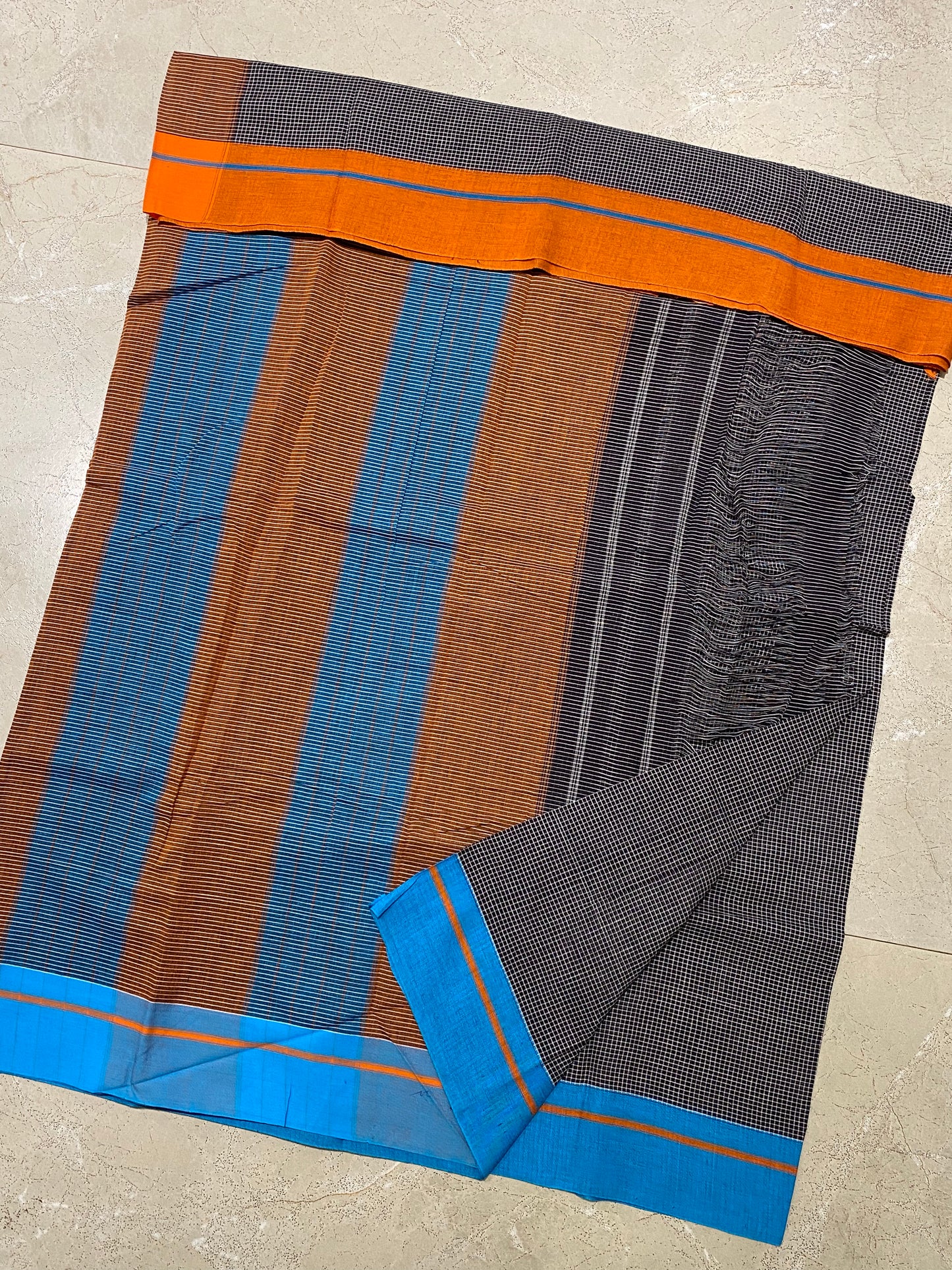 Black Patteda Anchu Saree Orange With Blue Border
