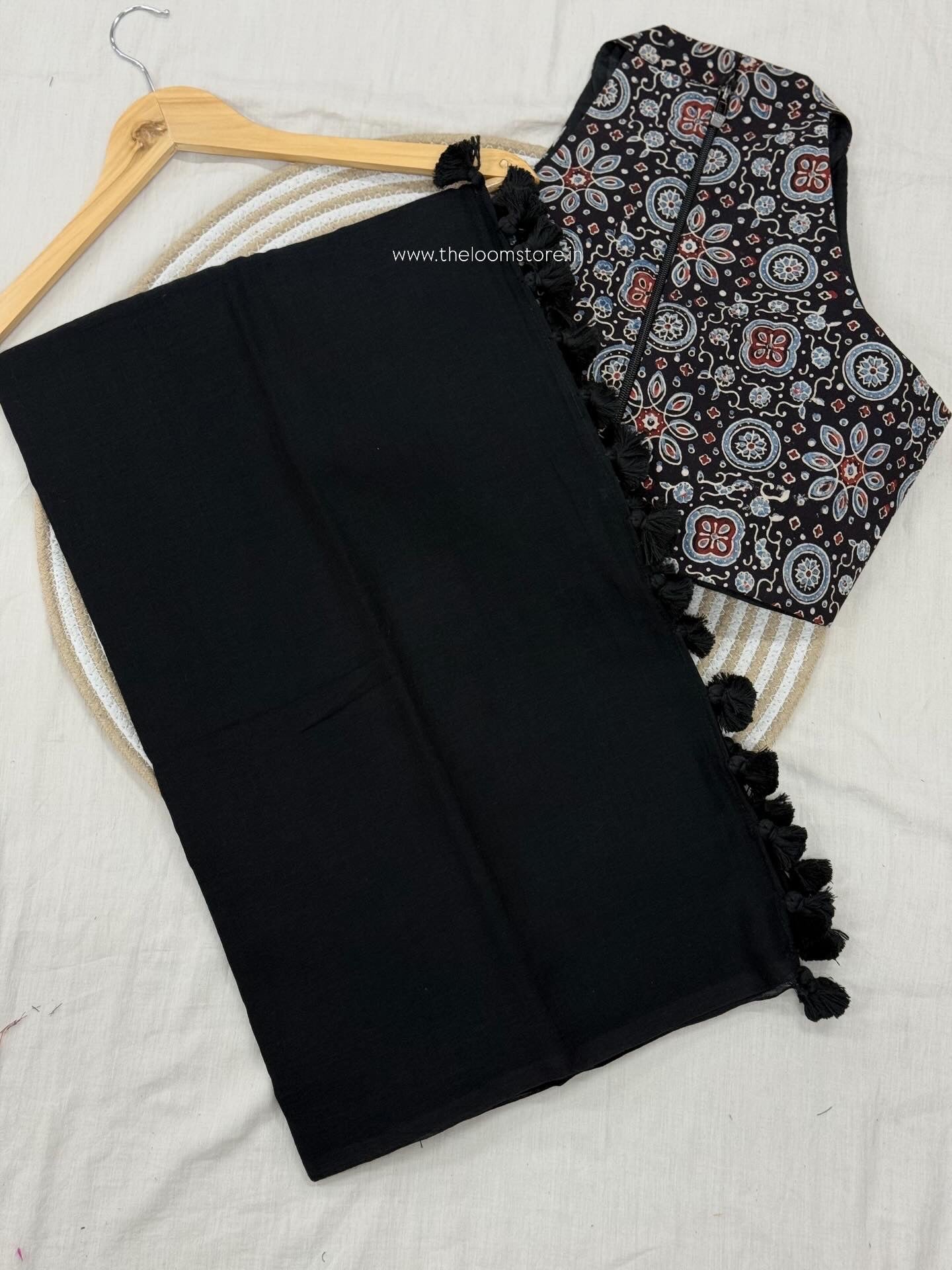 Black Mulmul & Ajrakh Halter Neck Saree Blouse Set
