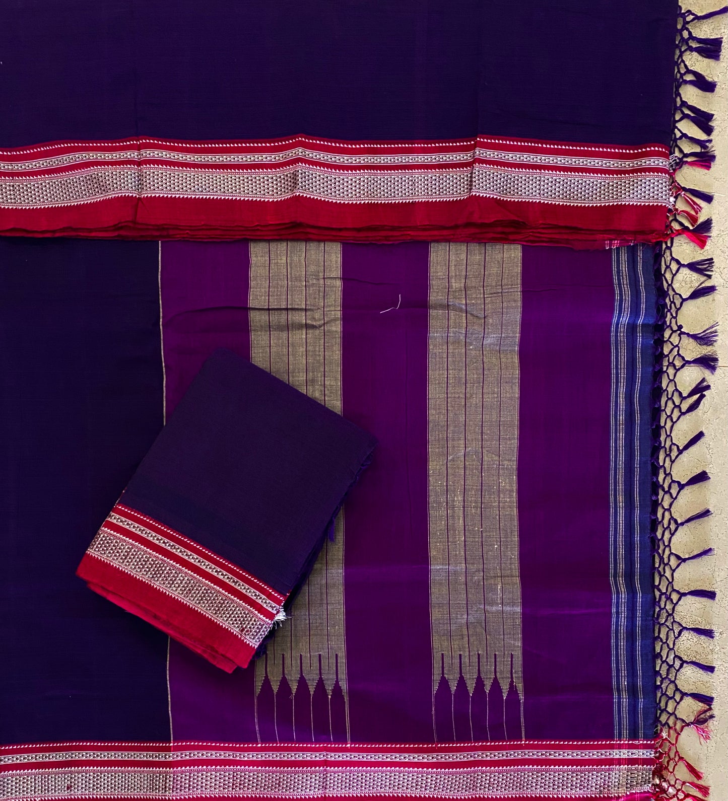 Voilet Hot Pink Handloom Ikkal Cotton Saree