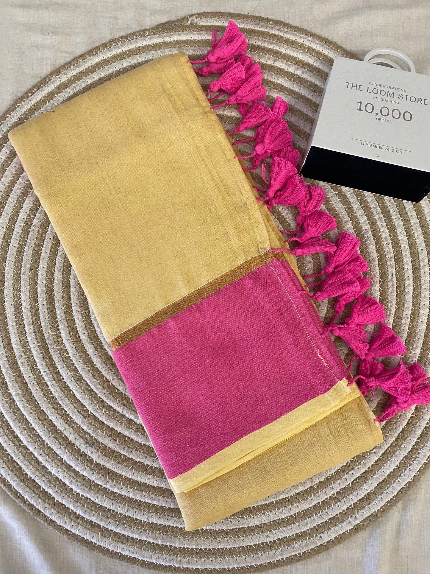 Cream Pink Tissue Border Mulmul Saree