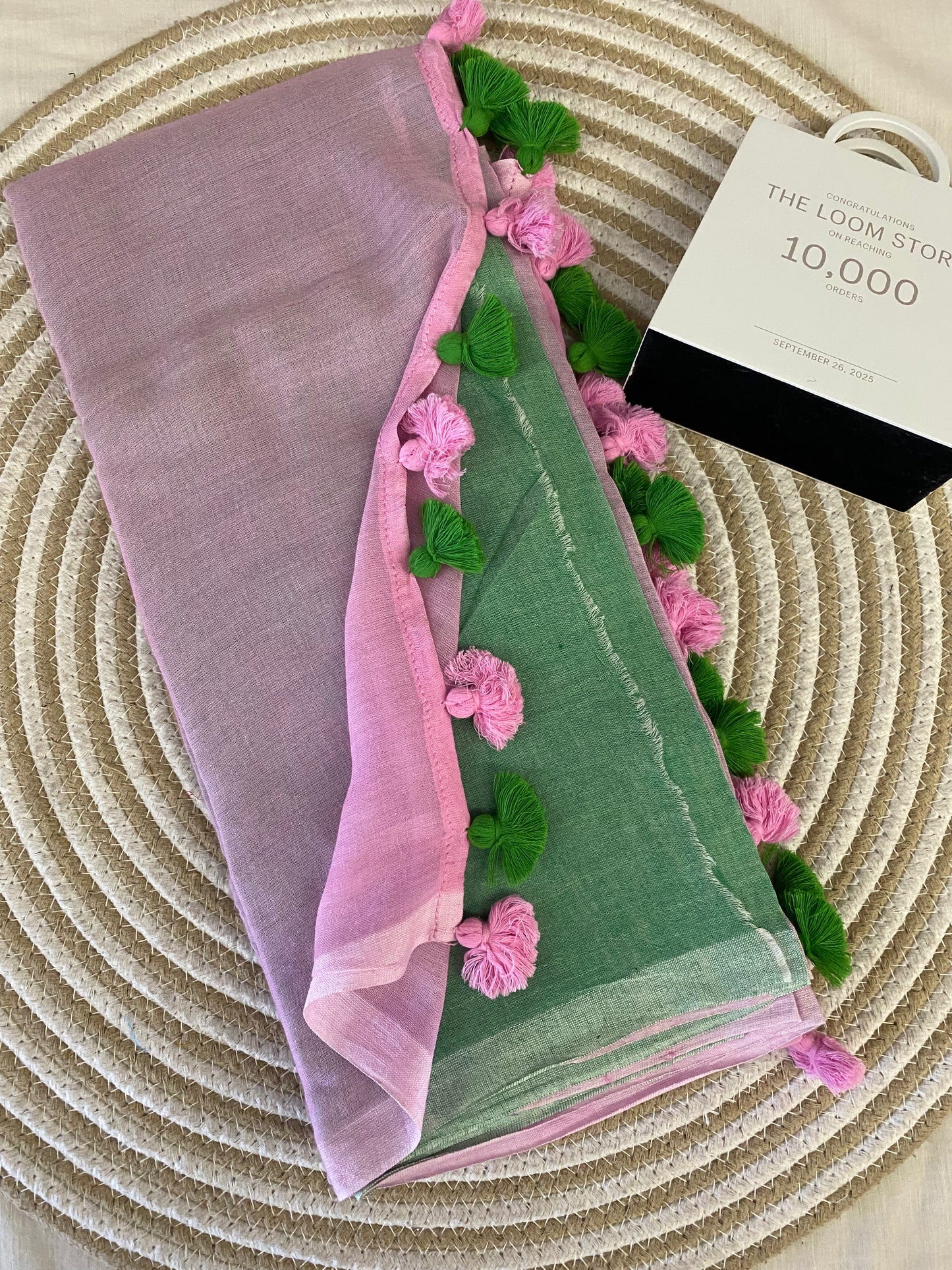 Pink-Green Half N Half Mulmul Saree