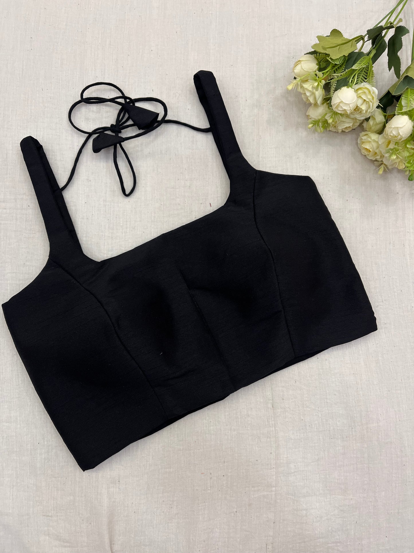 Black Raw Silk Basic Strap Blouse