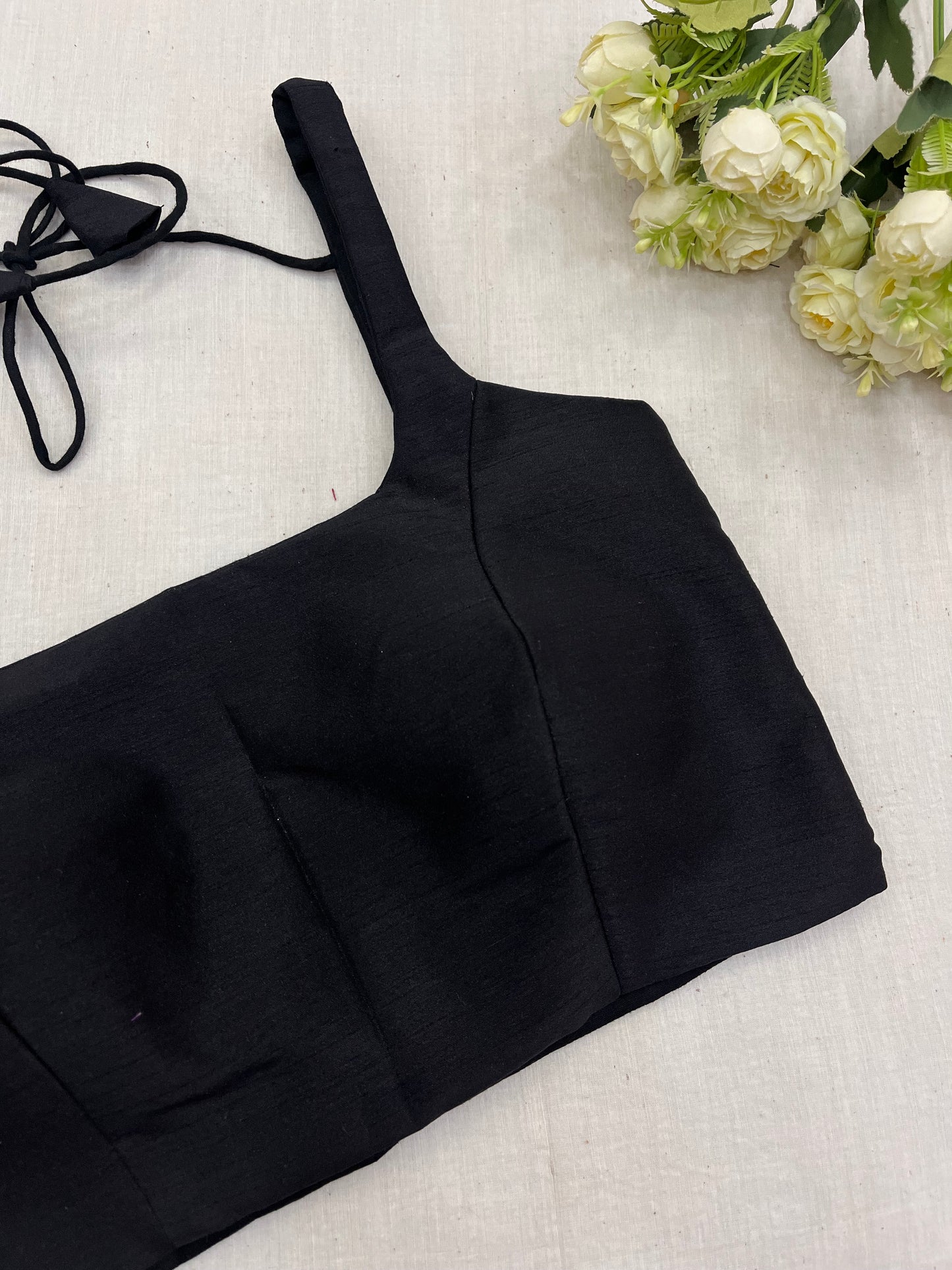 Black Raw Silk Basic Strap Blouse