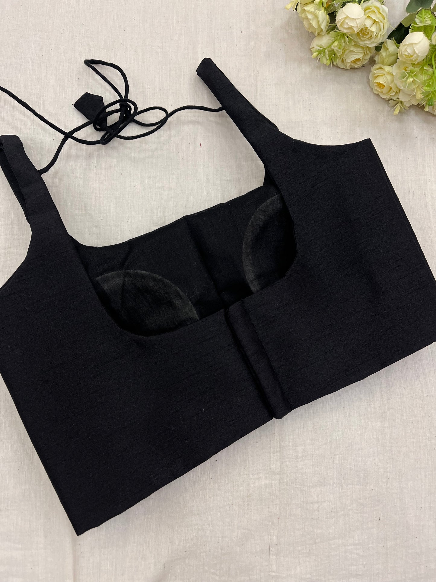Black Raw Silk Basic Strap Blouse