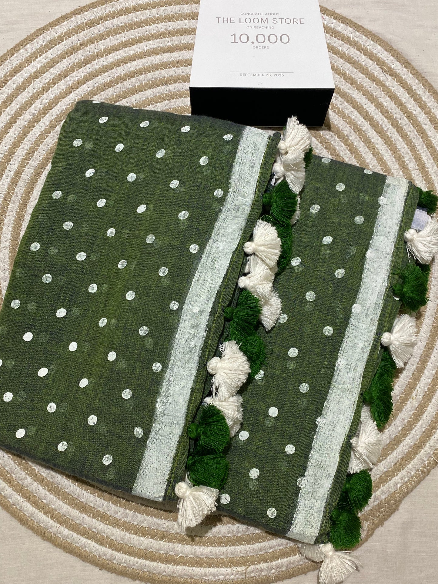 Green White Polka Dot Mulmul Saree
