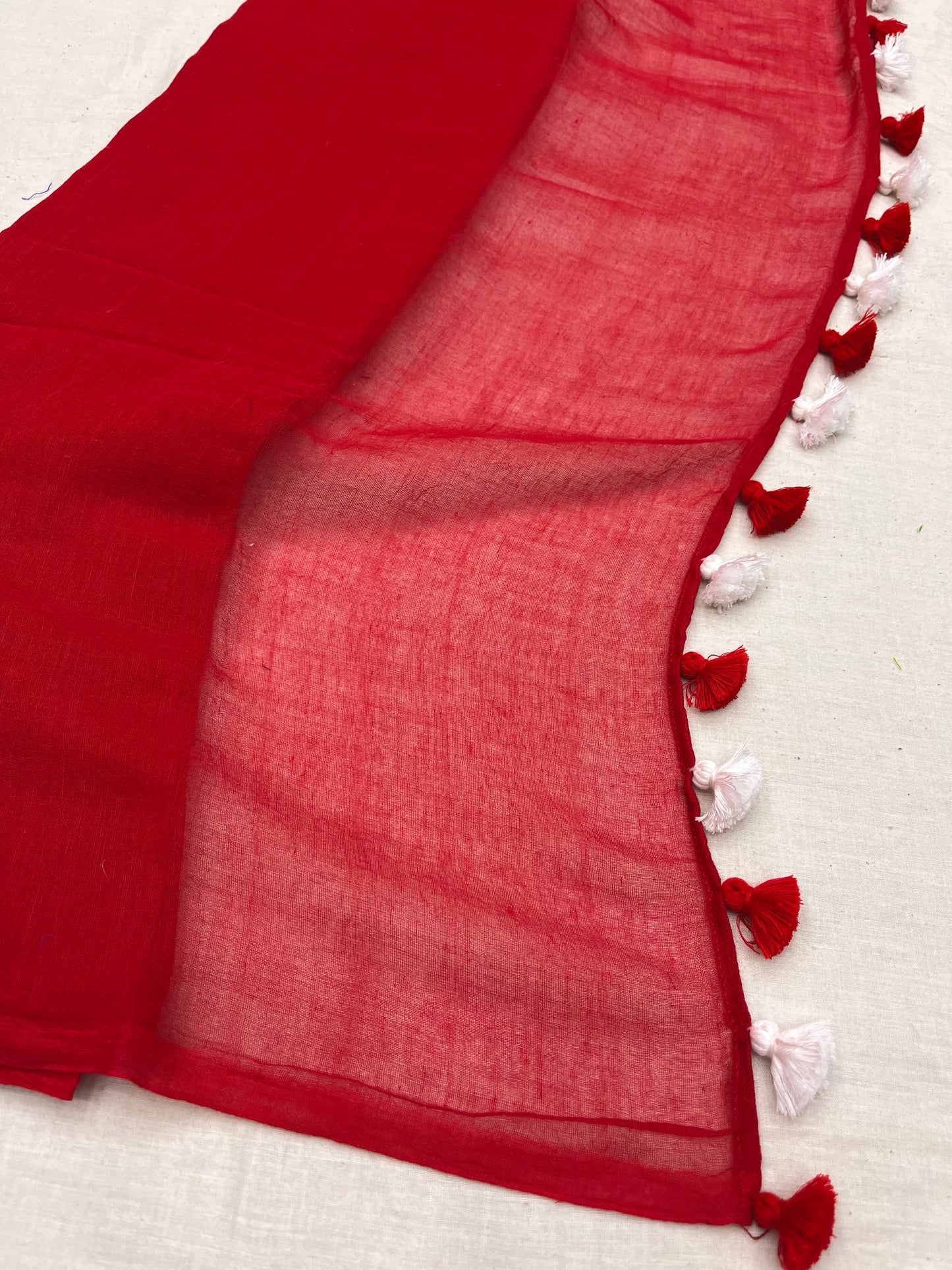 Red With Red White Pompom Mulmul Saree