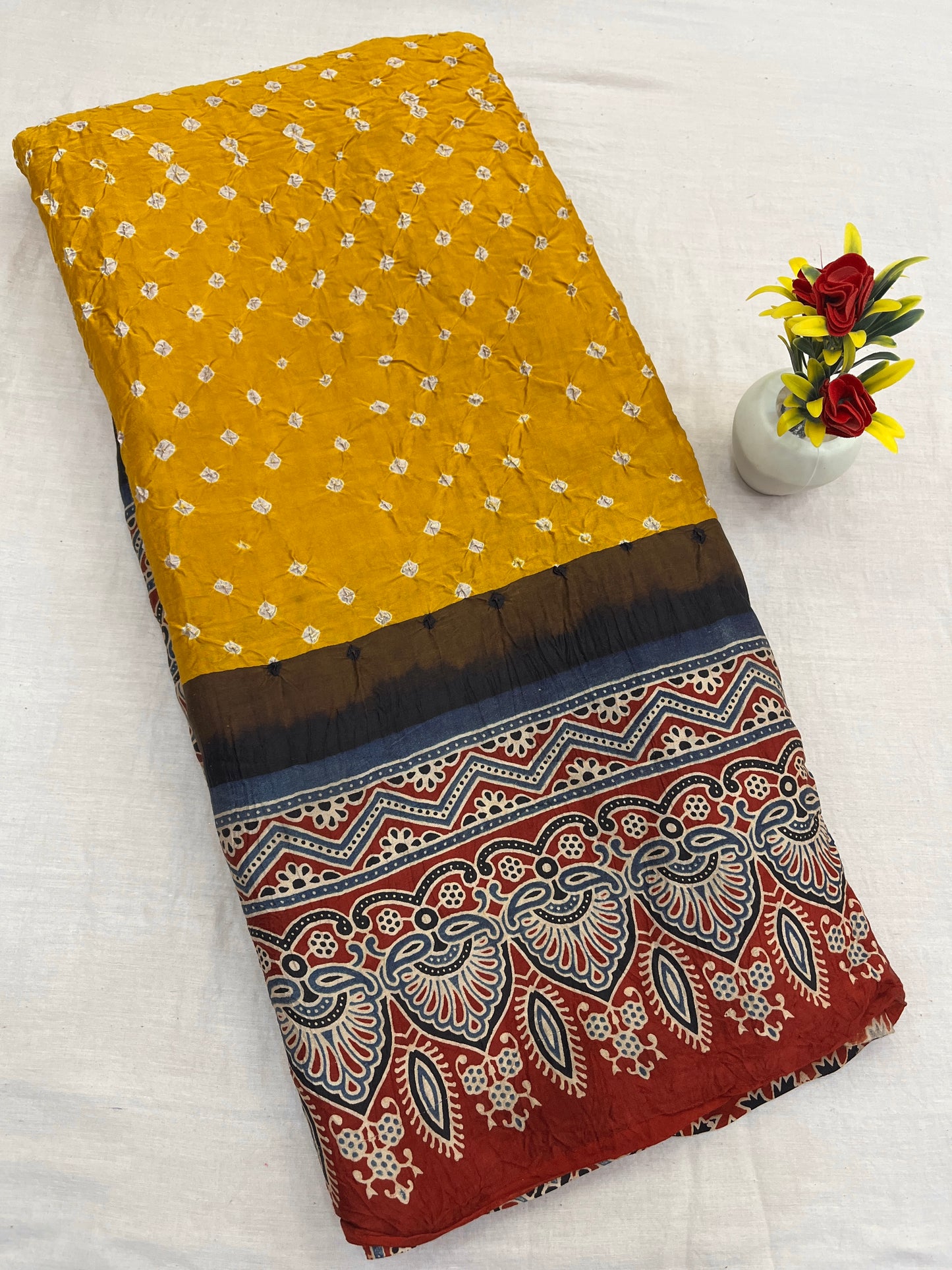 Mustard Red Blue Bandhani Ajrakh Modal Silk Saree