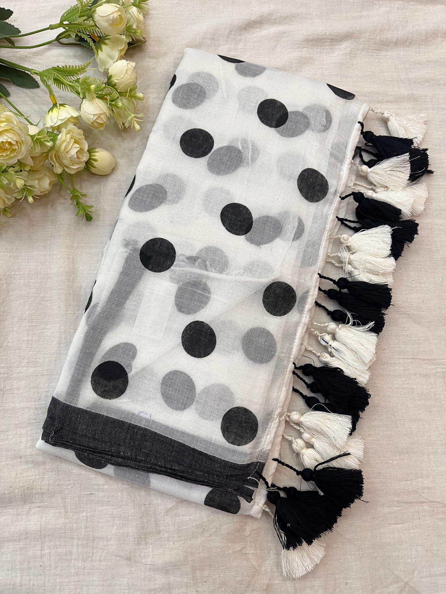 White Black Polka Dot Mulmul Saree