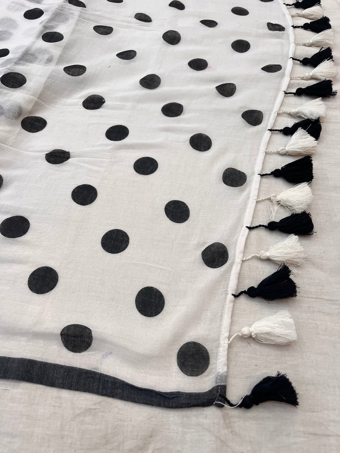 White Black Polka Dot Mulmul Saree