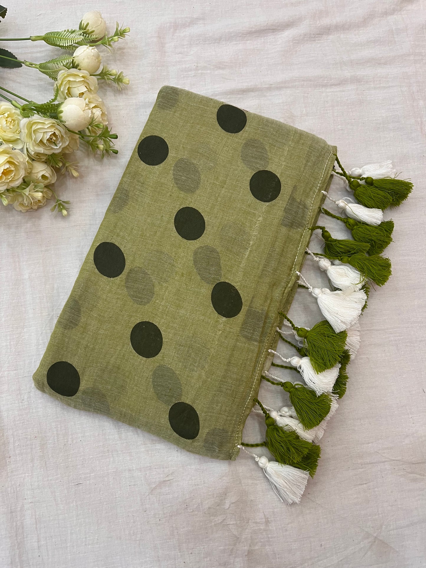 Elaichi Polka Dot Mulmul Saree