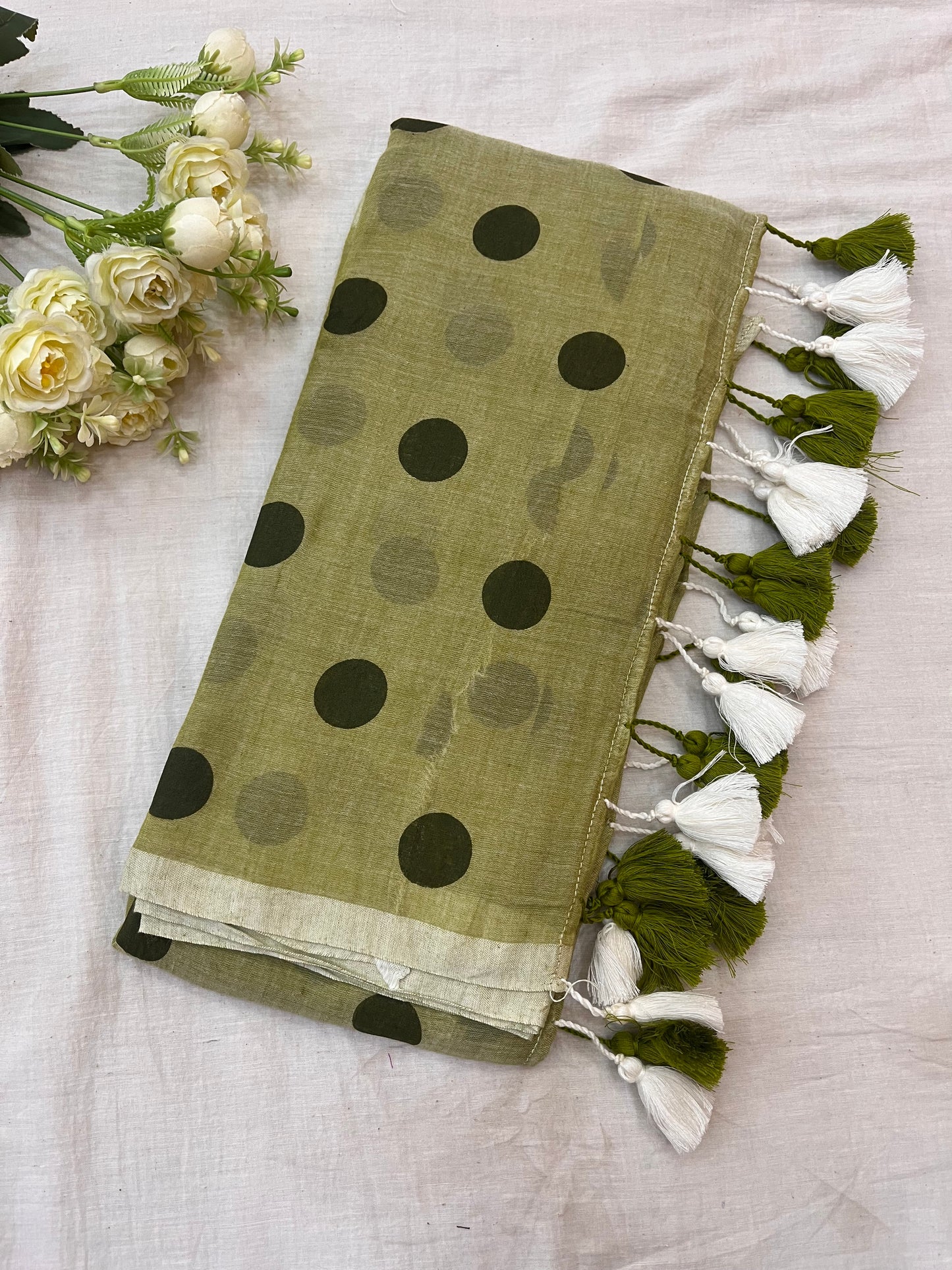 Elaichi Polka Dot Mulmul Saree