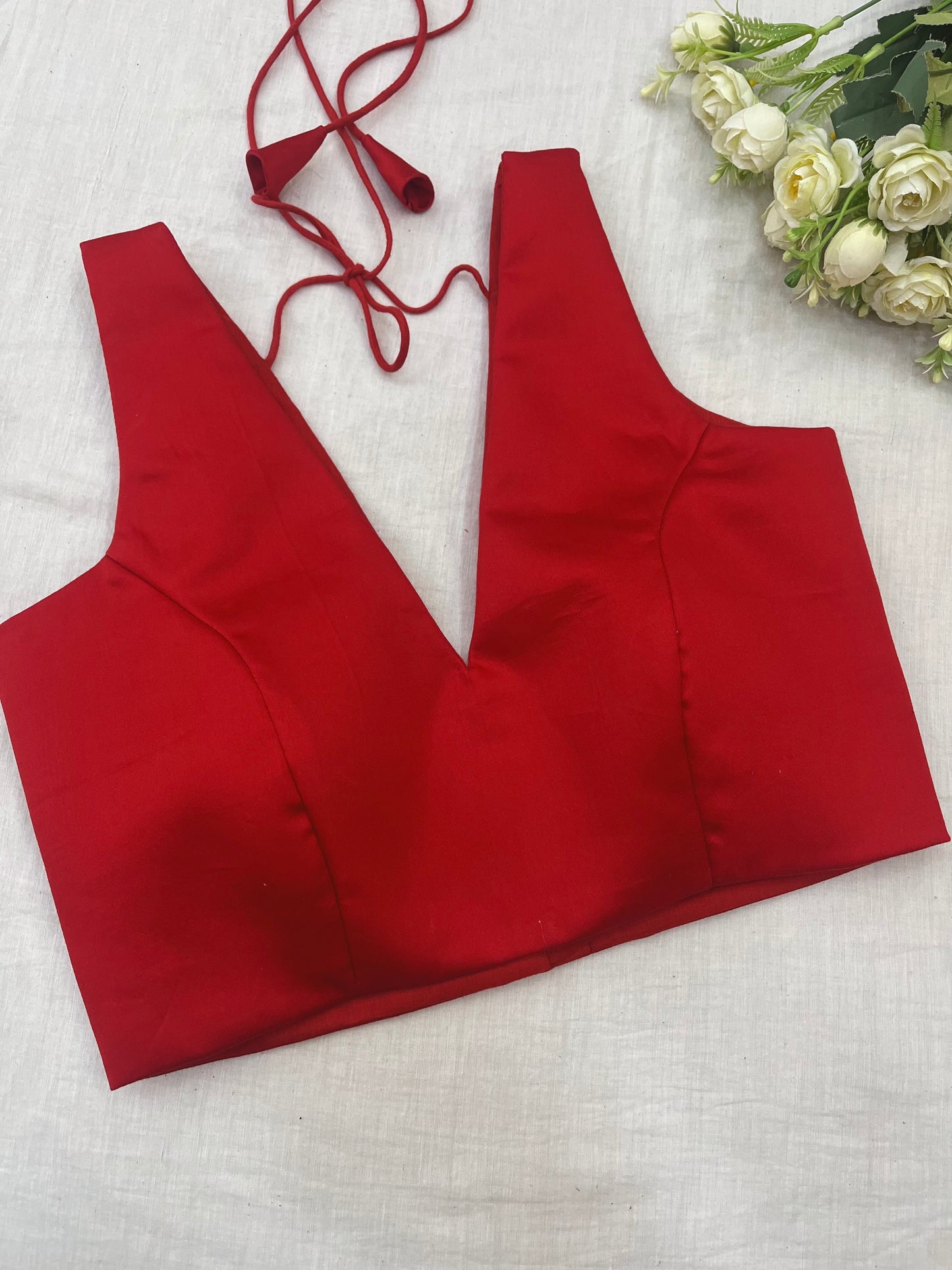 Red V Neck Silky Cotton Sleeveless Blouse