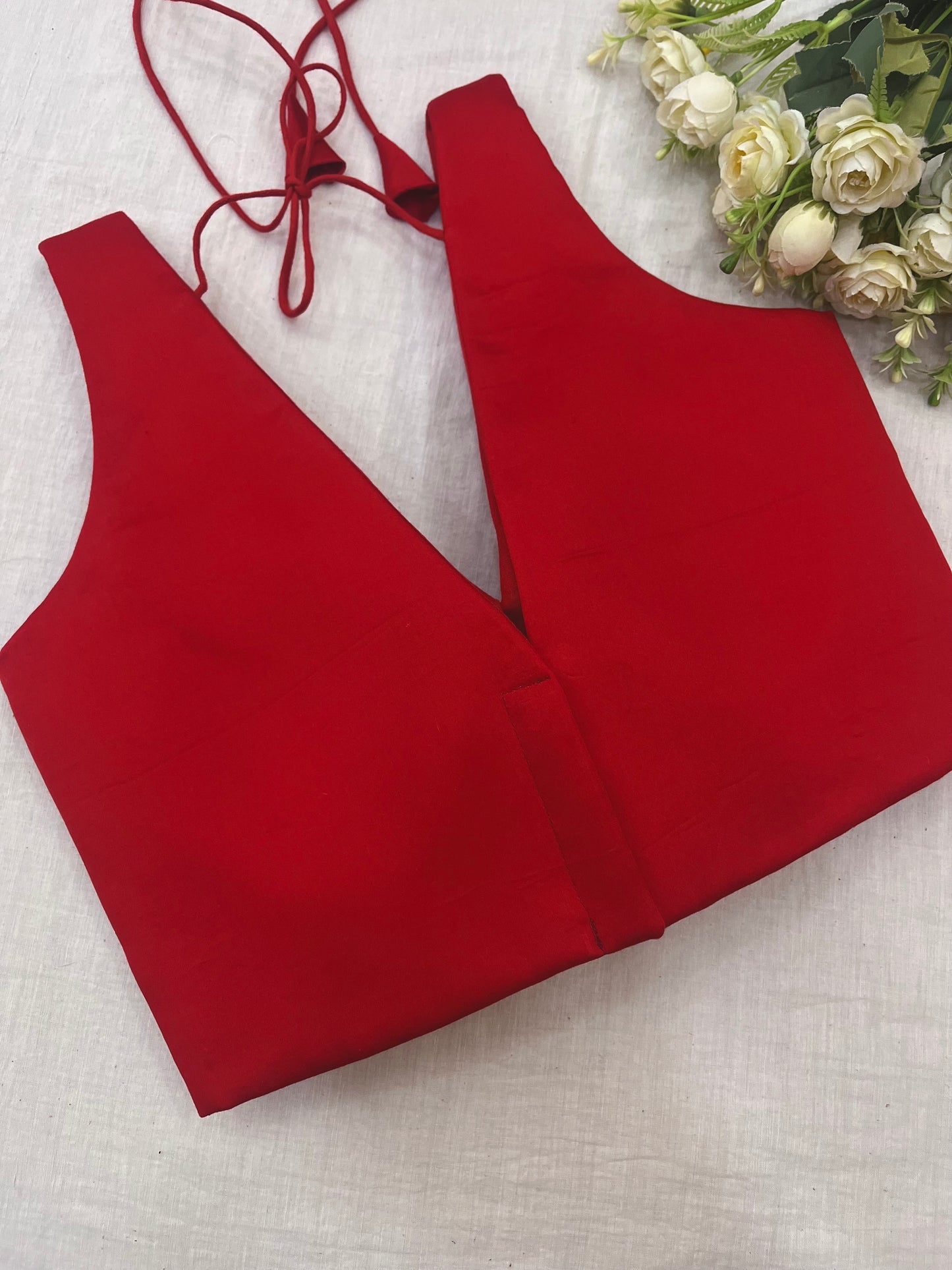 Red V Neck Silky Cotton Sleeveless Blouse