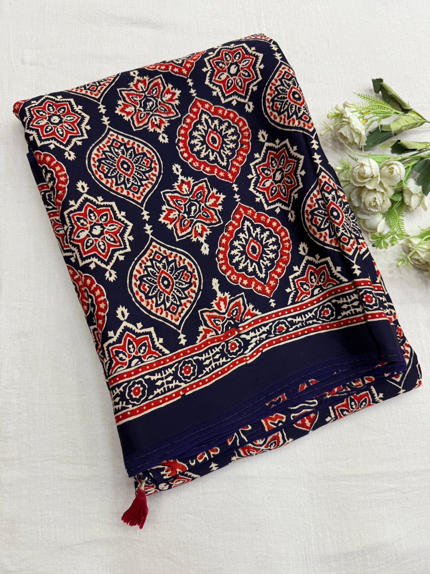 Navy Blue Badam Ajrakh Print Modal Silk Saree